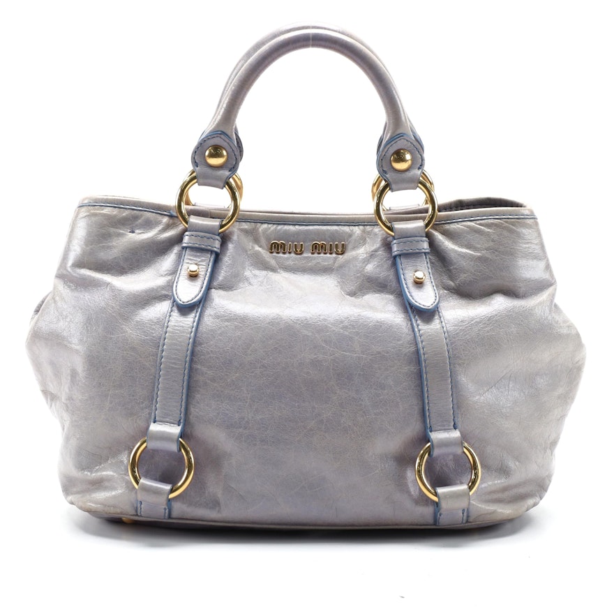 Miu Miu Two-Way Tote Bag in Blue Grey Vitello Lux Leather