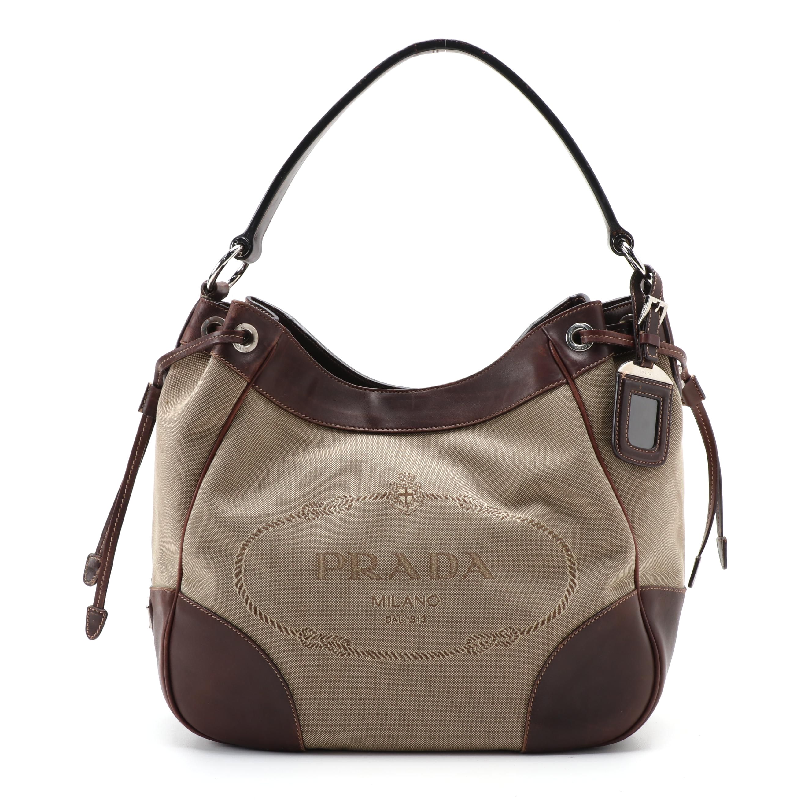 Prada Shoulder Bag in Canapa Canvas with Dark Brown Leather Trim