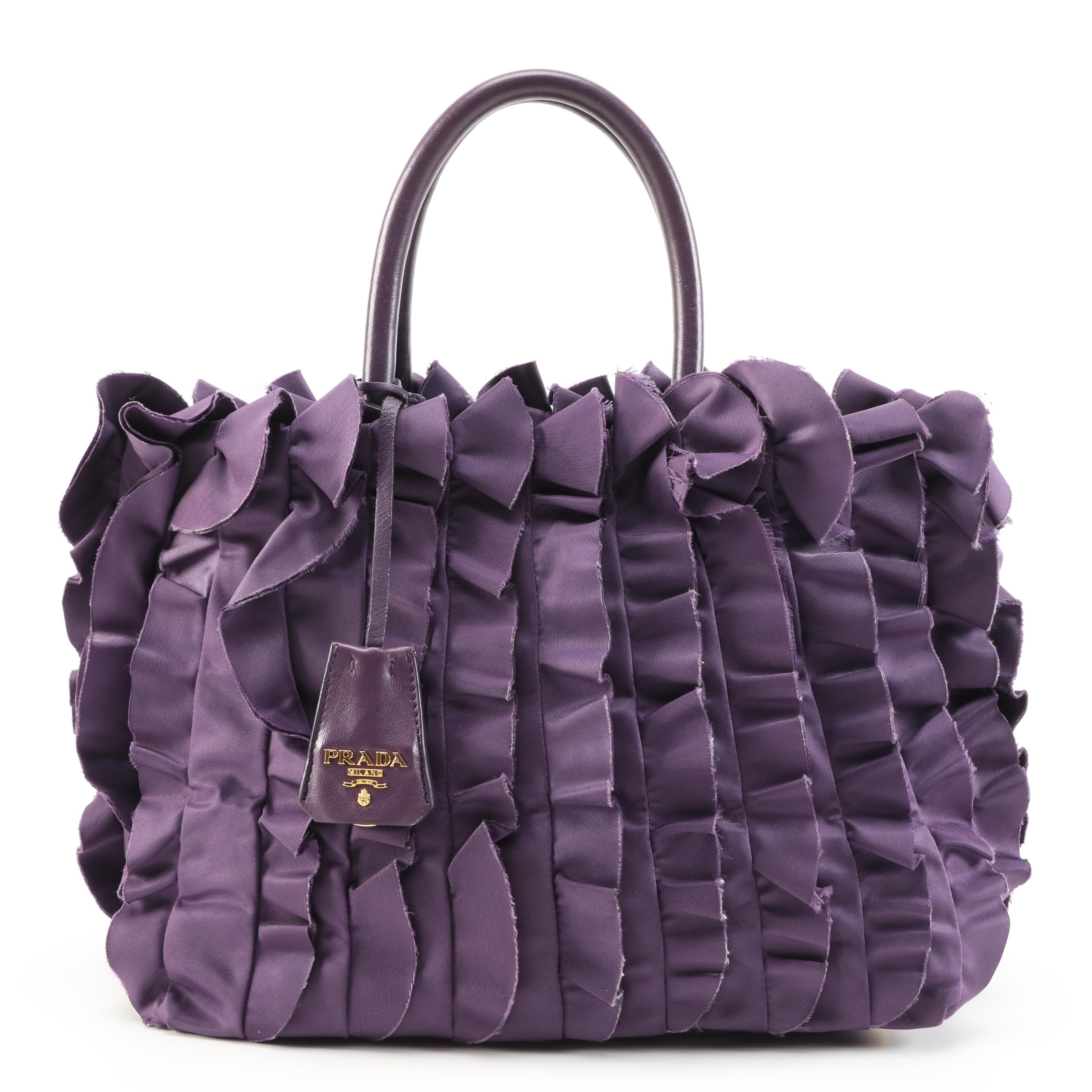 Prada Purple Ruffled Nylon and Leather Trimmed Satchel