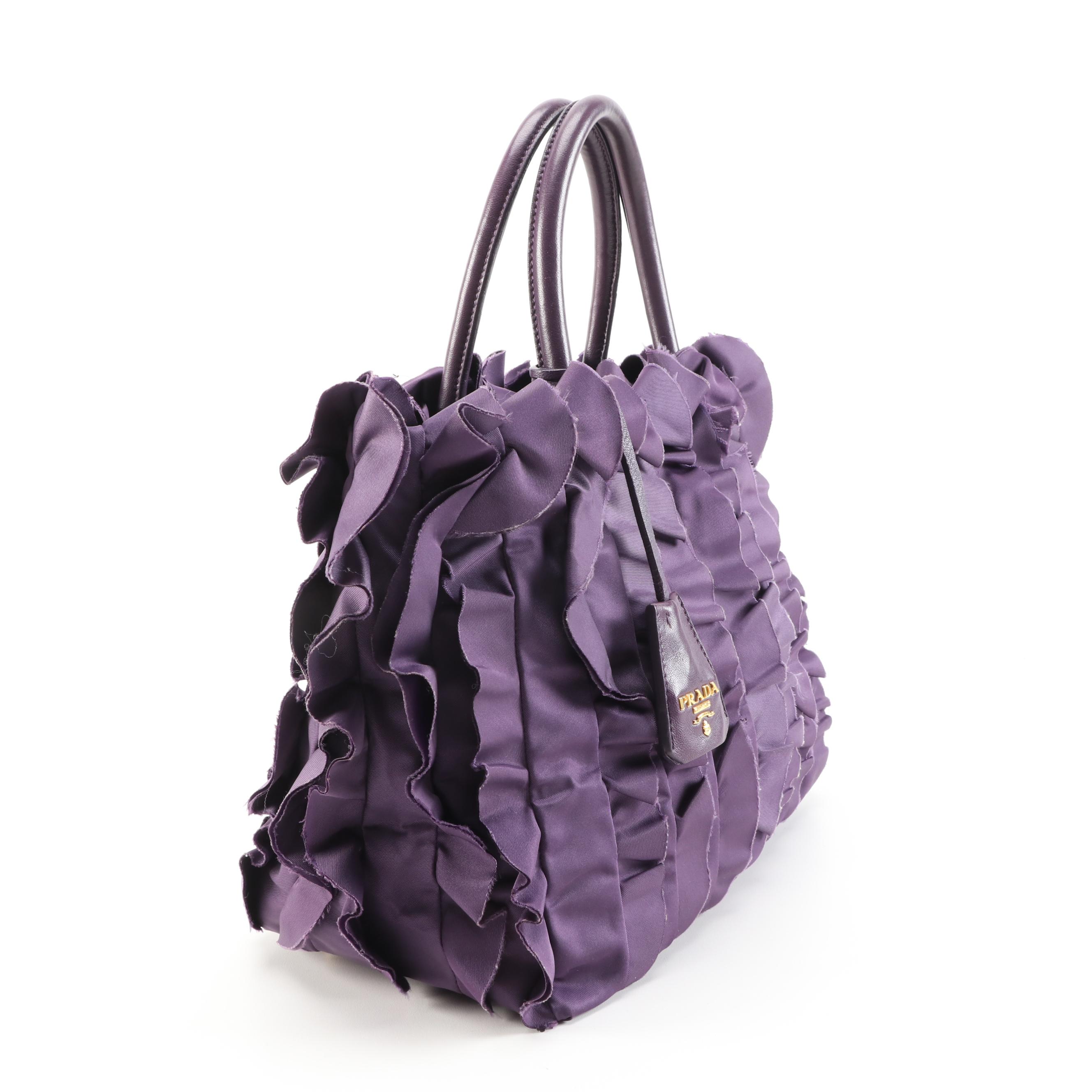 Prada Purple Ruffled Nylon and Leather Trimmed Satchel