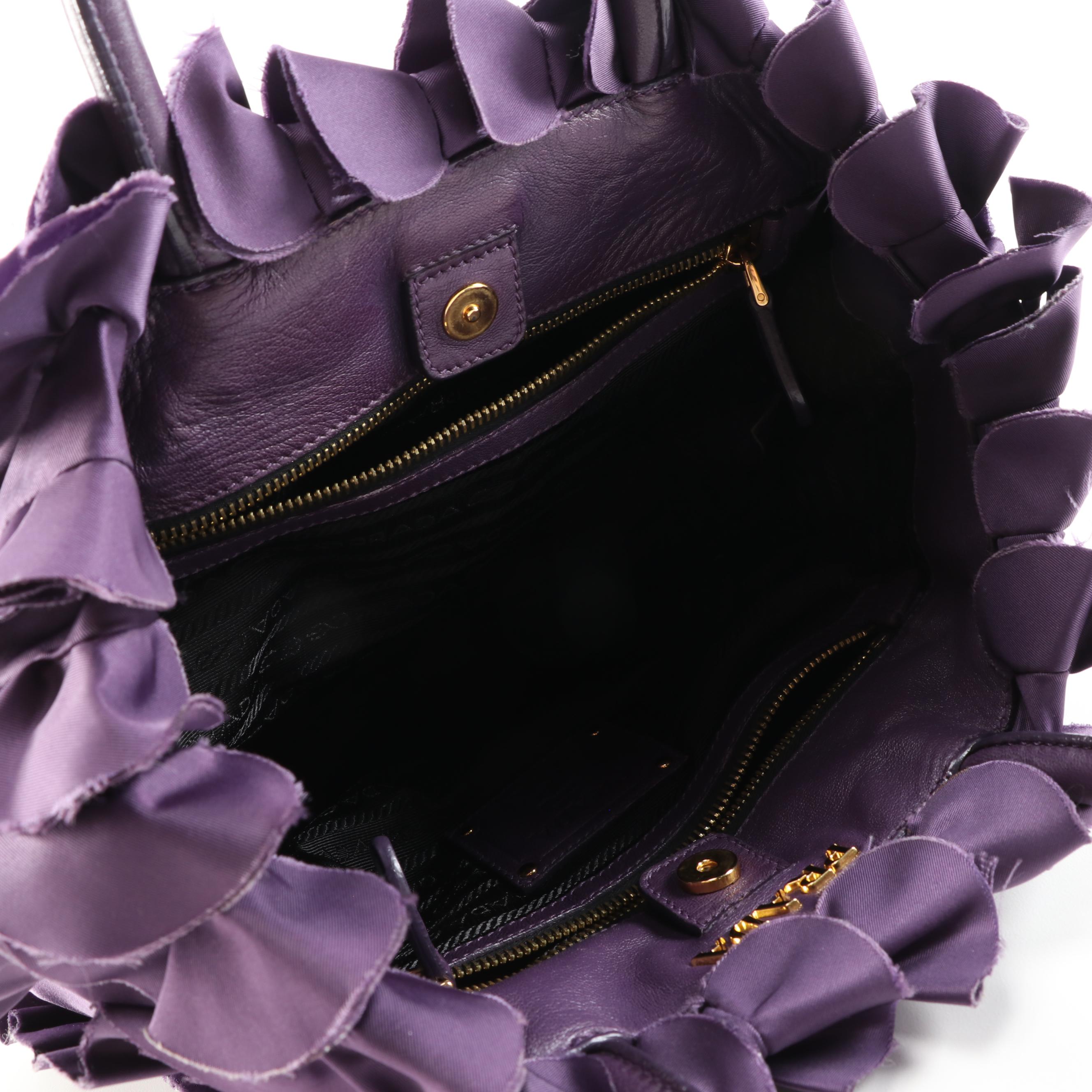 Prada Purple Ruffled Nylon and Leather Trimmed Satchel