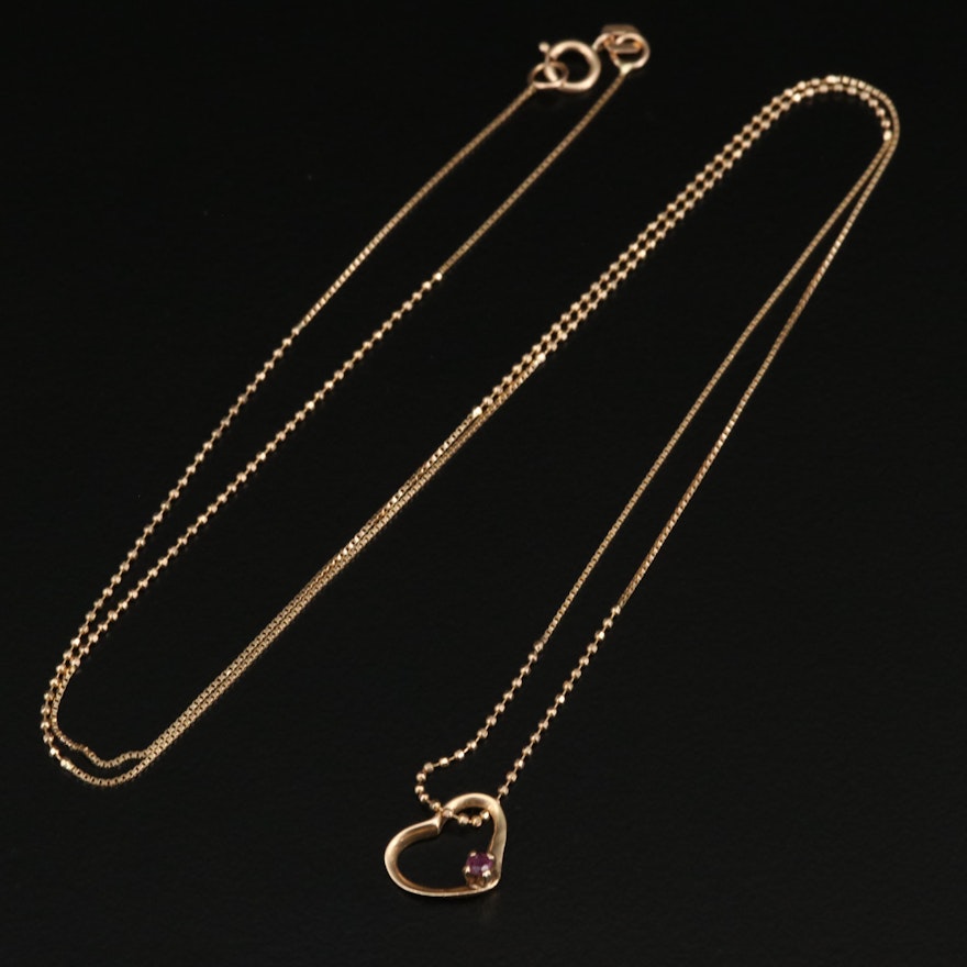 14K Ruby Heart Pendant on Bead and Box Chain Necklace
