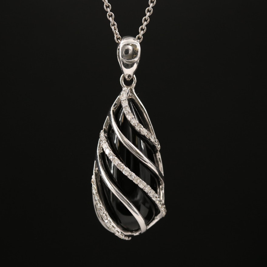 Sterling Silver Caged Glass and Diamond Pendant Necklace