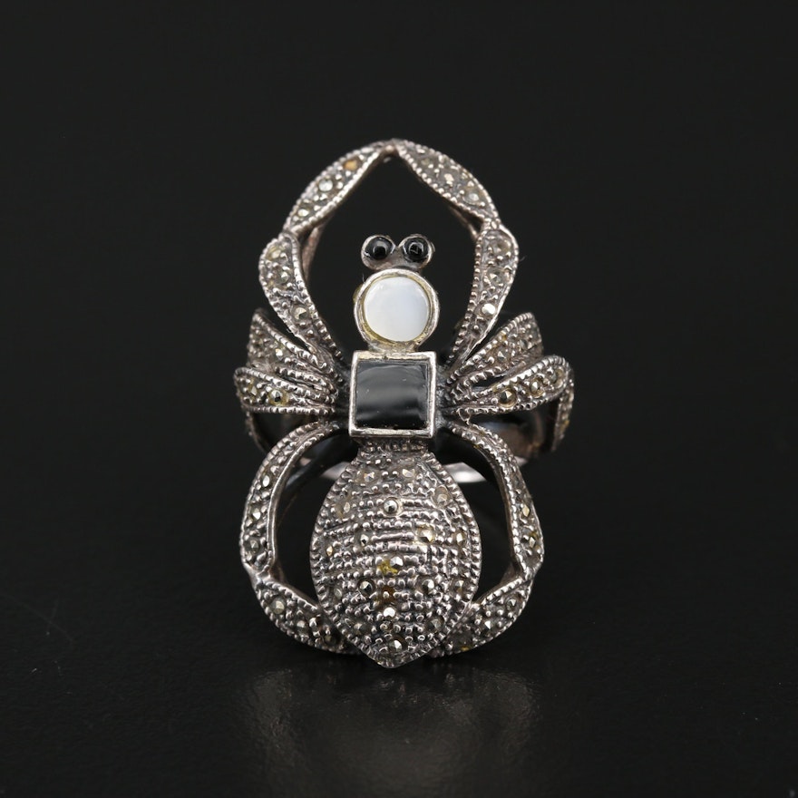 Sterling Silver Black Onyx, Moonstone and Marcasite Spider Ring