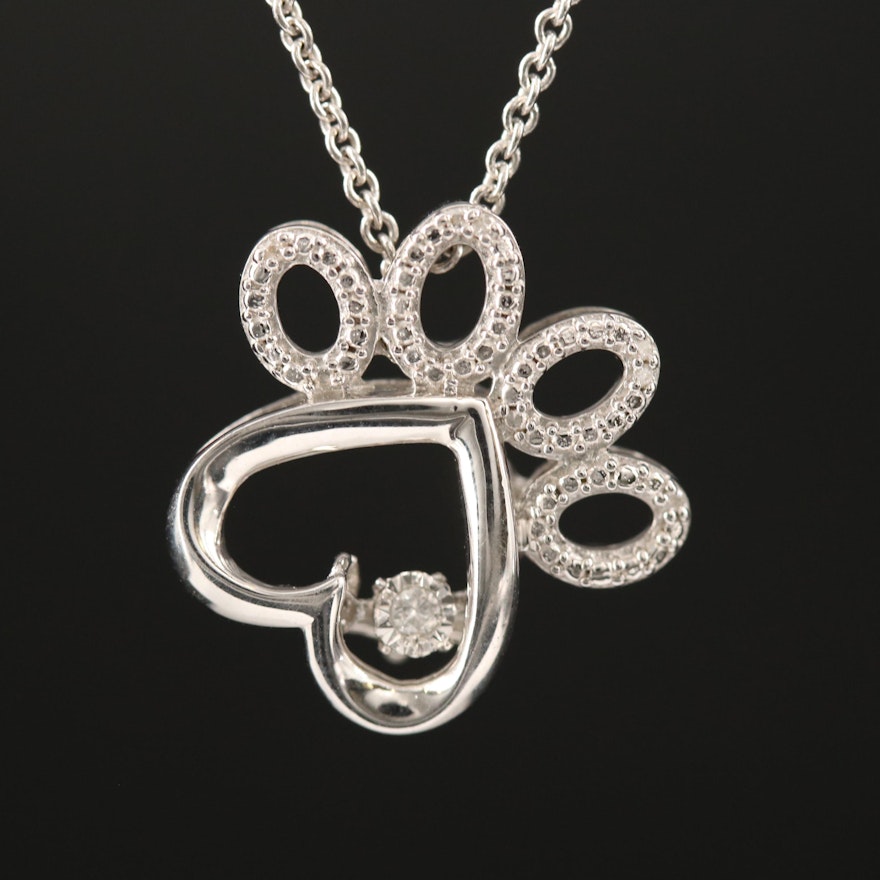 Sterling Silver Diamond Paw Print Pendant Necklace