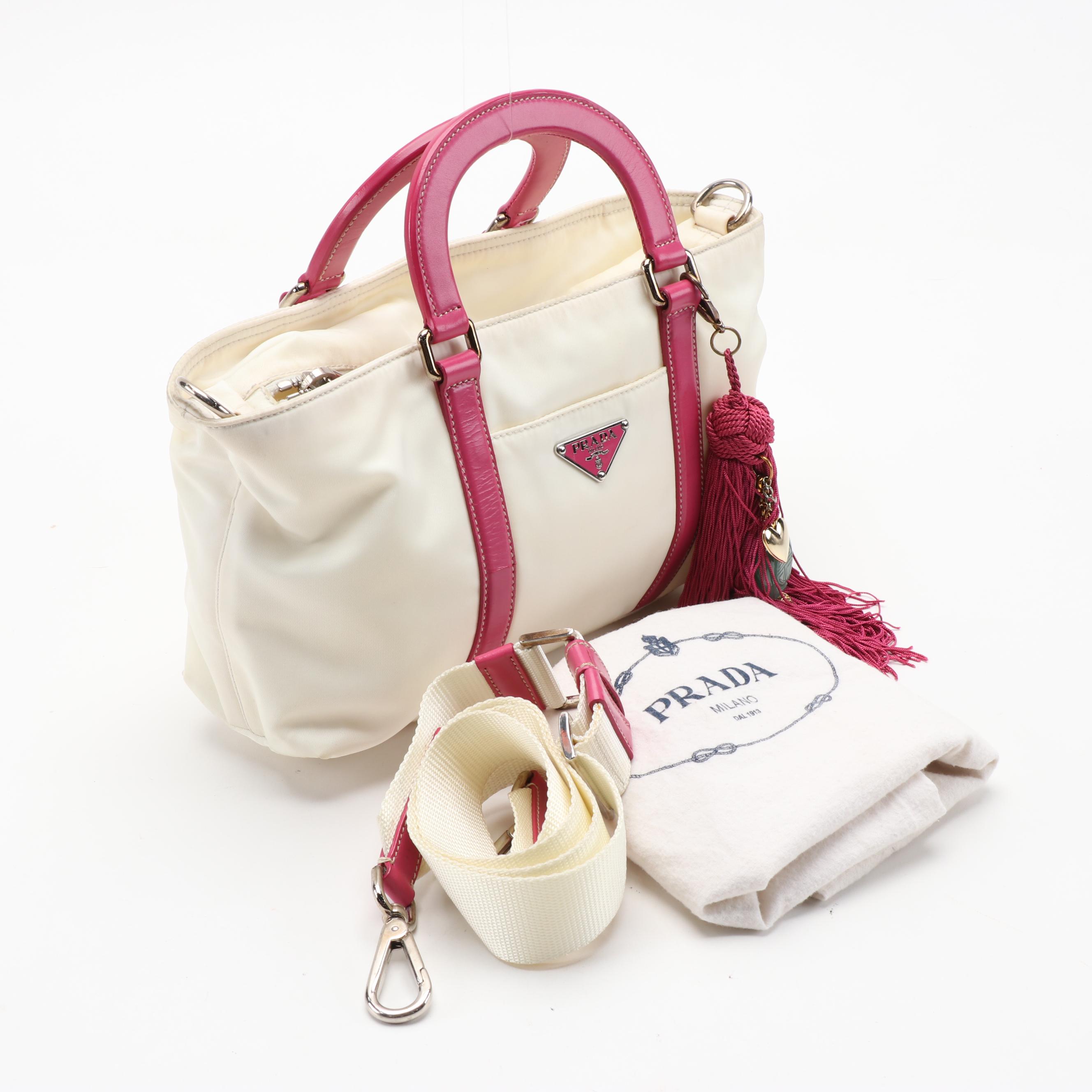 Prada Two-Way Handbag in White Nylon with Dark Pink Leather Trim and Tassel