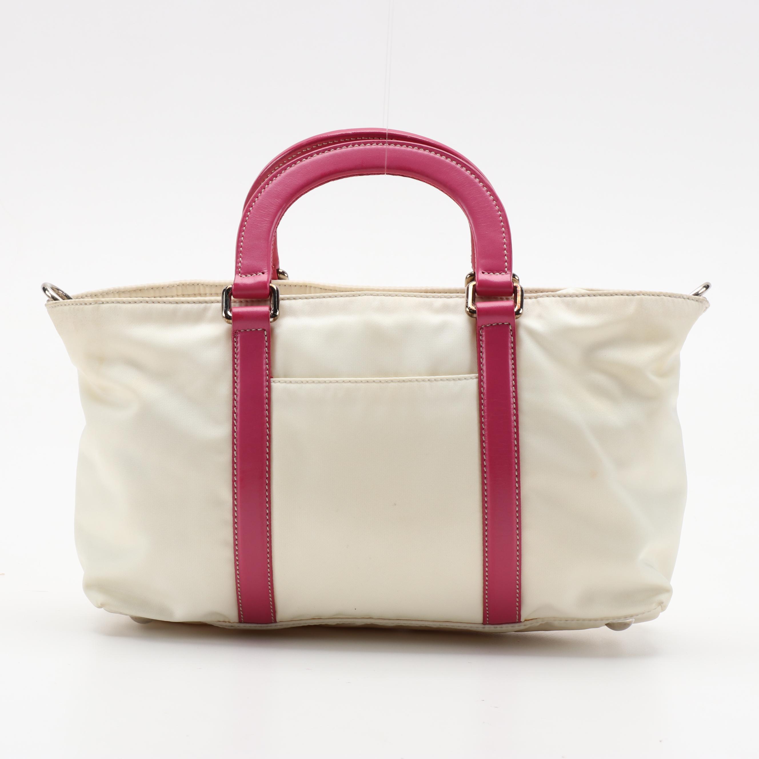 Prada Two-Way Handbag in White Nylon with Dark Pink Leather Trim and Tassel