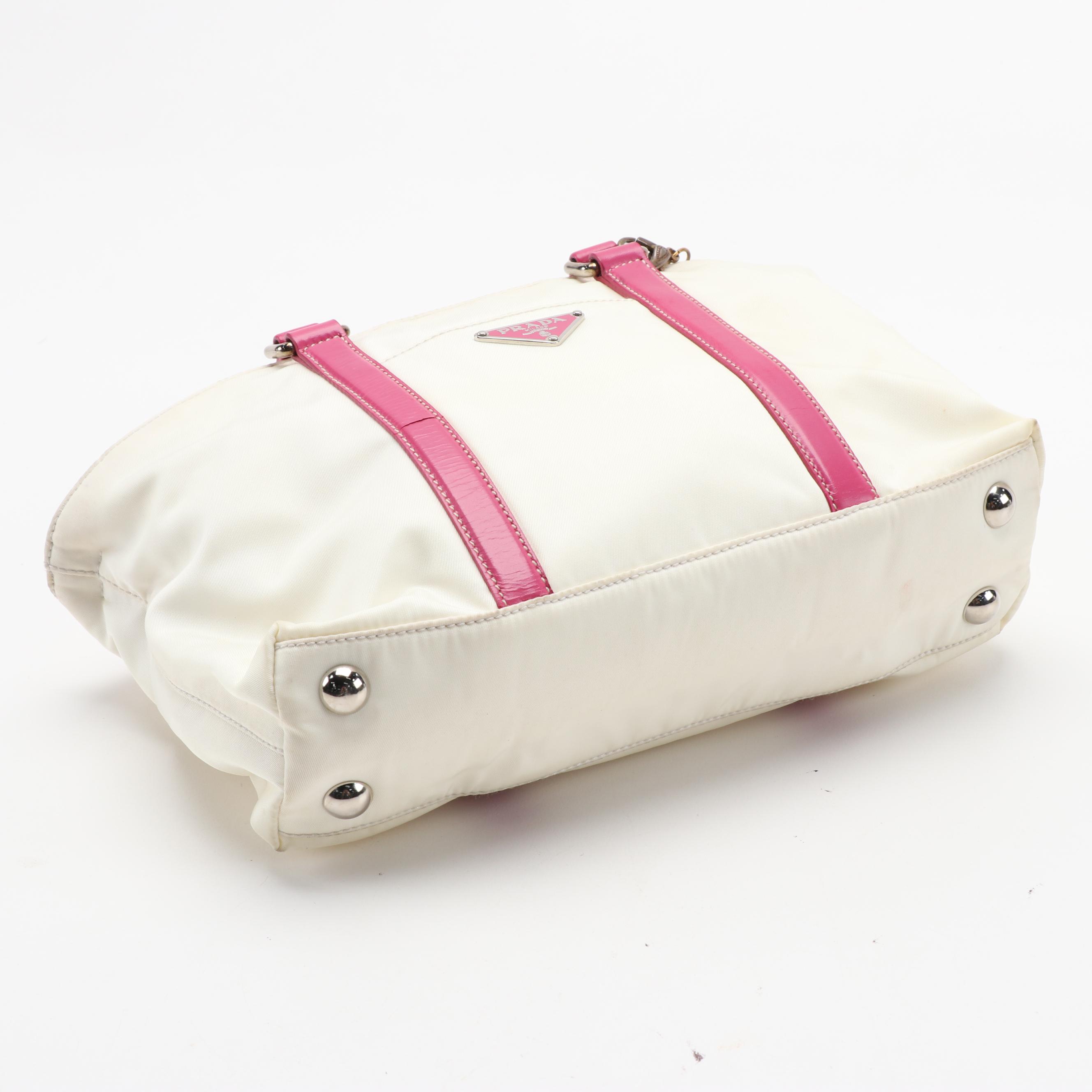Prada Two-Way Handbag in White Nylon with Dark Pink Leather Trim and Tassel