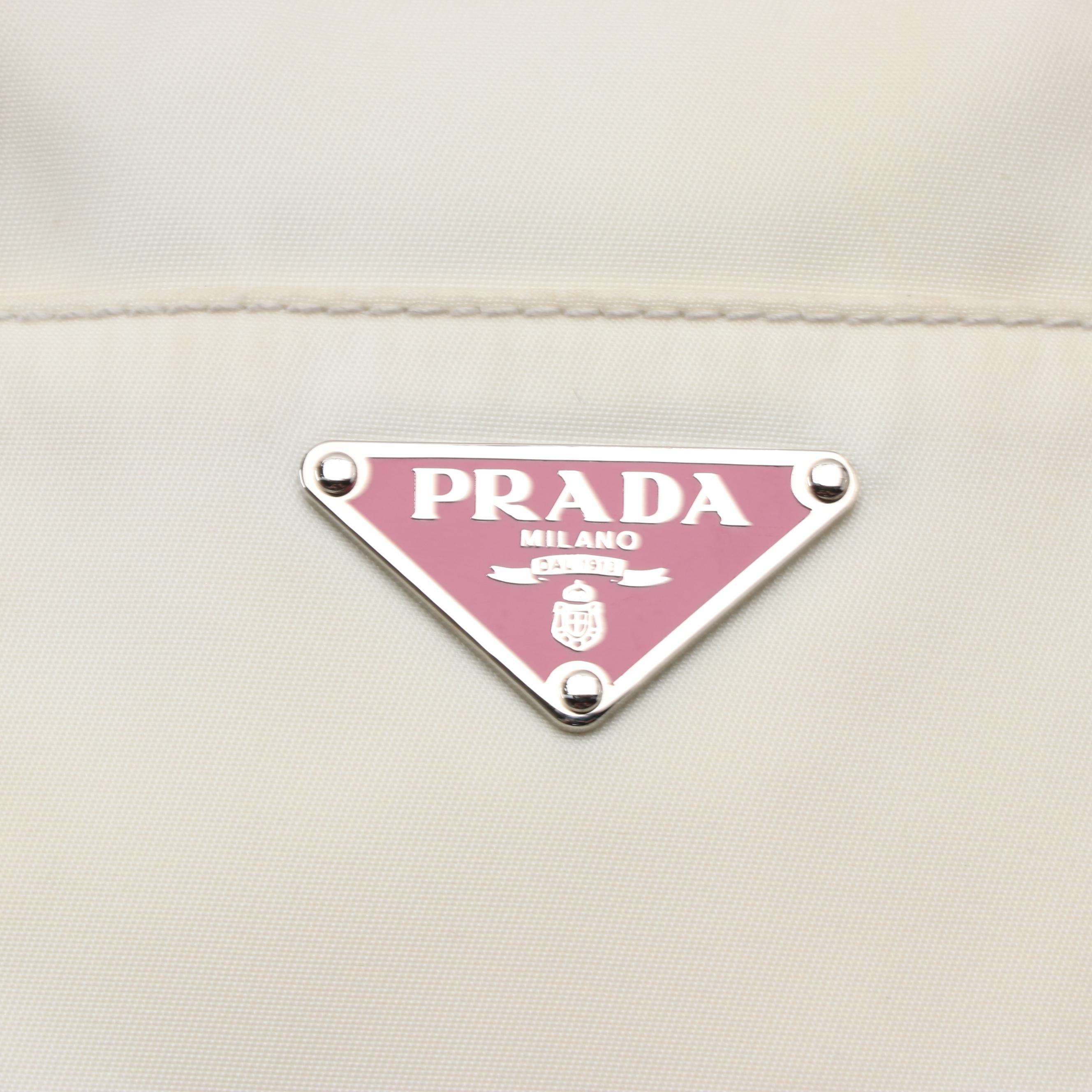 Prada Two-Way Handbag in White Nylon with Dark Pink Leather Trim and Tassel