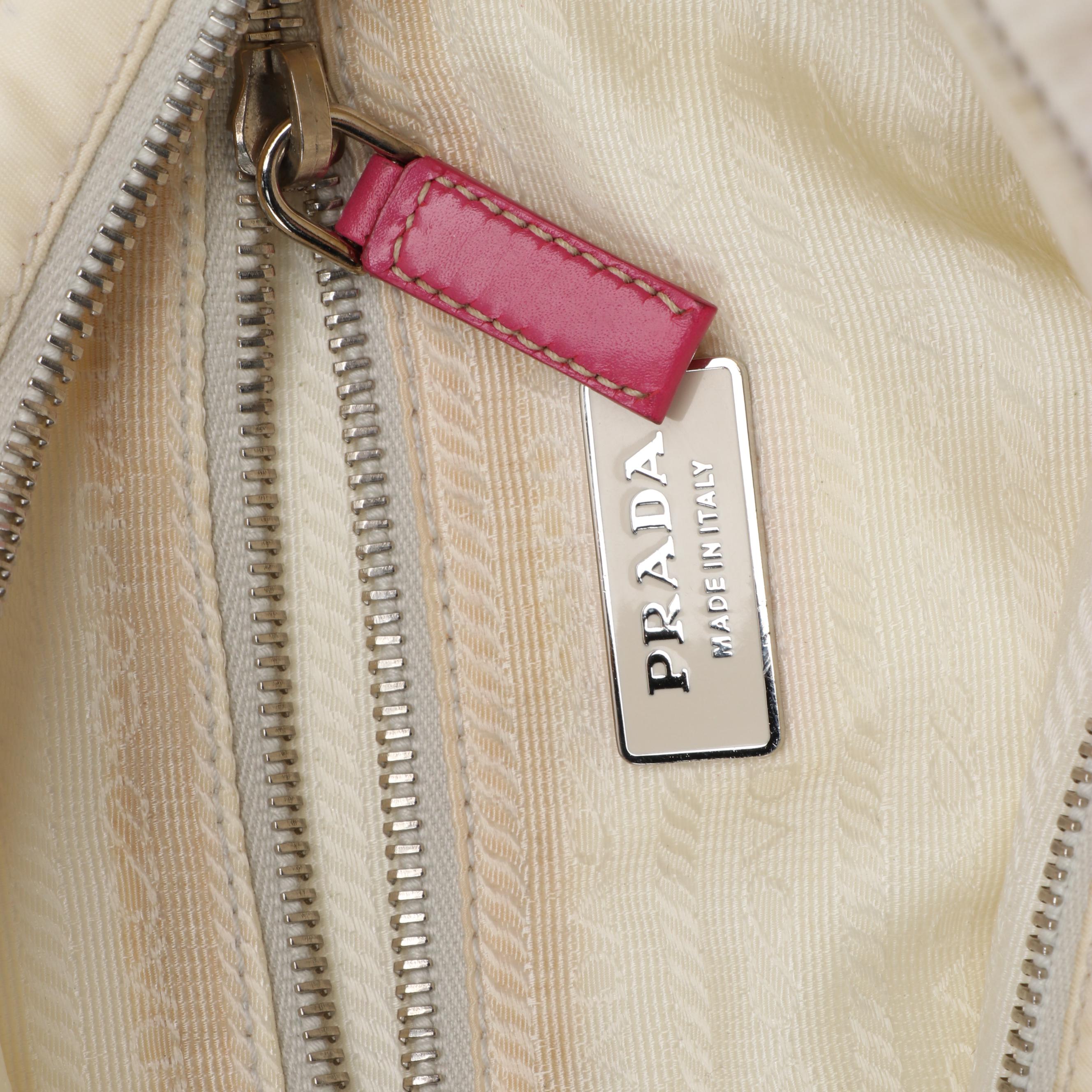Prada Two-Way Handbag in White Nylon with Dark Pink Leather Trim and Tassel