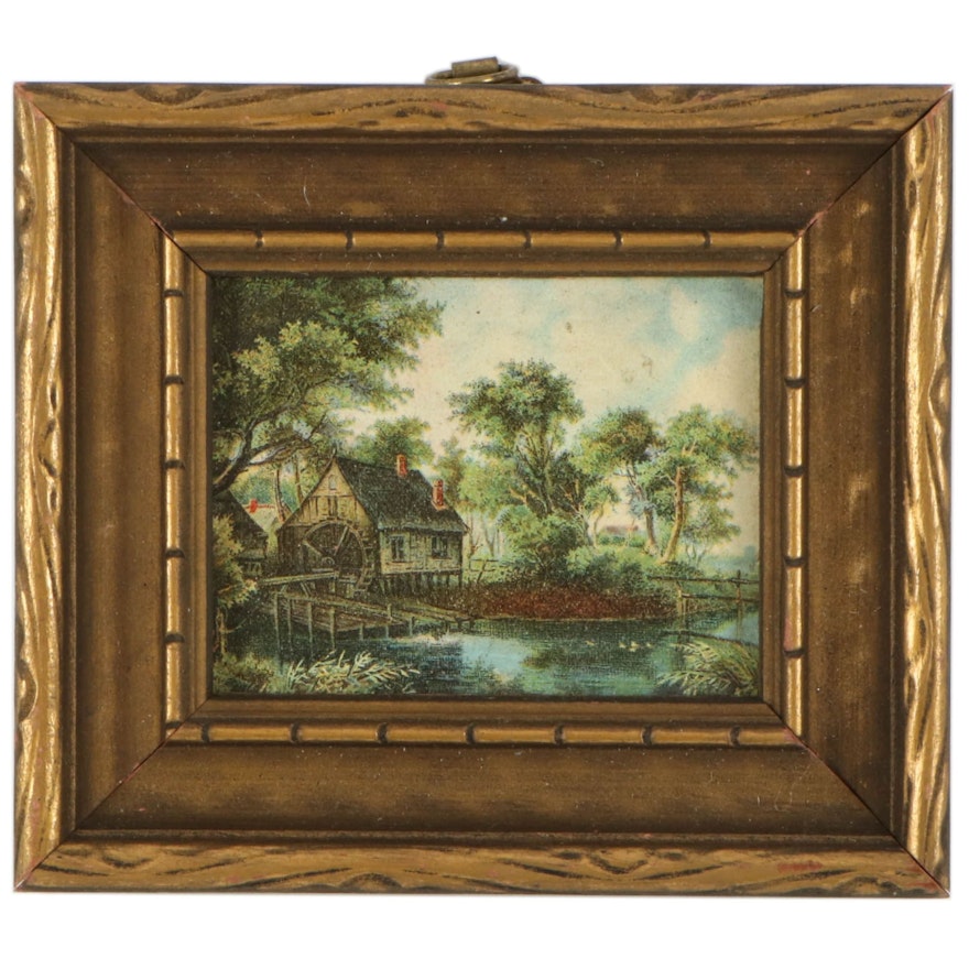 Miniature Watermill Landscape Chromolithograph, Mid-20th Century