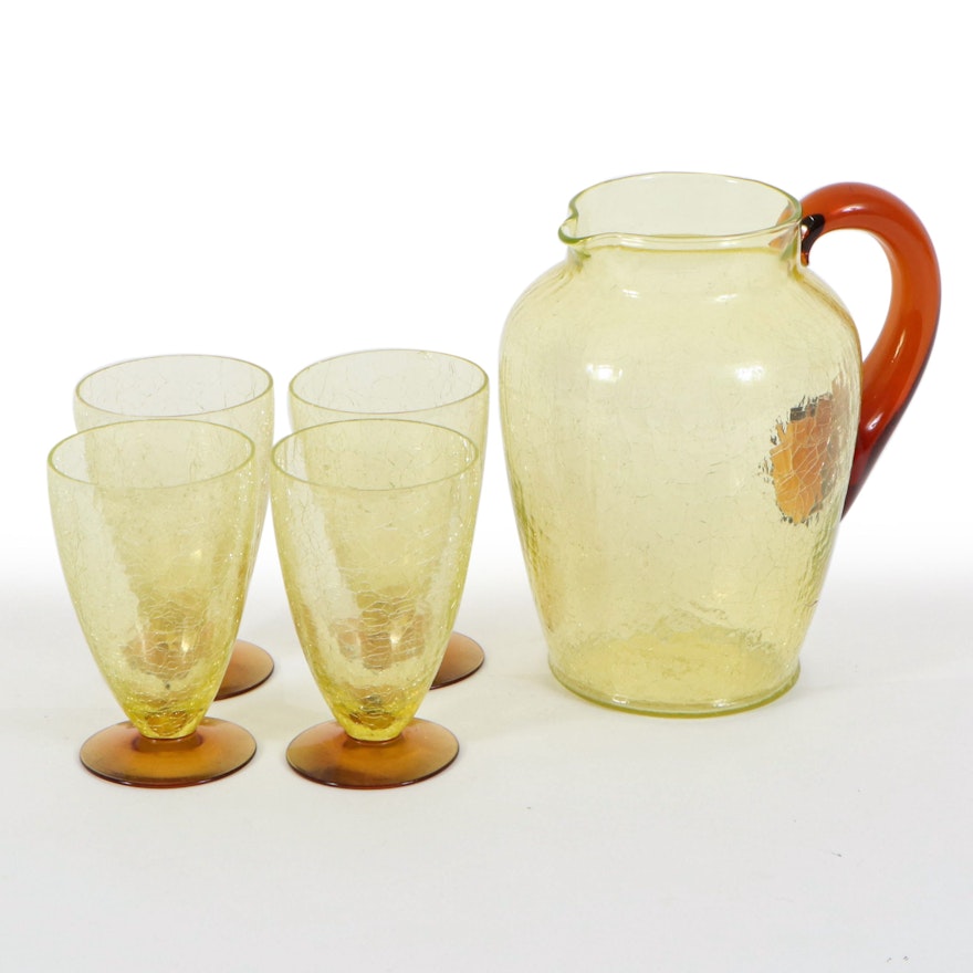 Yellow Crackle Glass Juice Pitcher and Glasses, Mid-20th Century