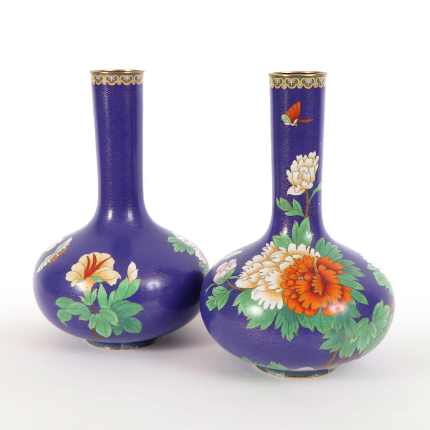 Pair of Chinese Cloisonné Ovoid Vases with Chrysanthemum and Butterfly Motif