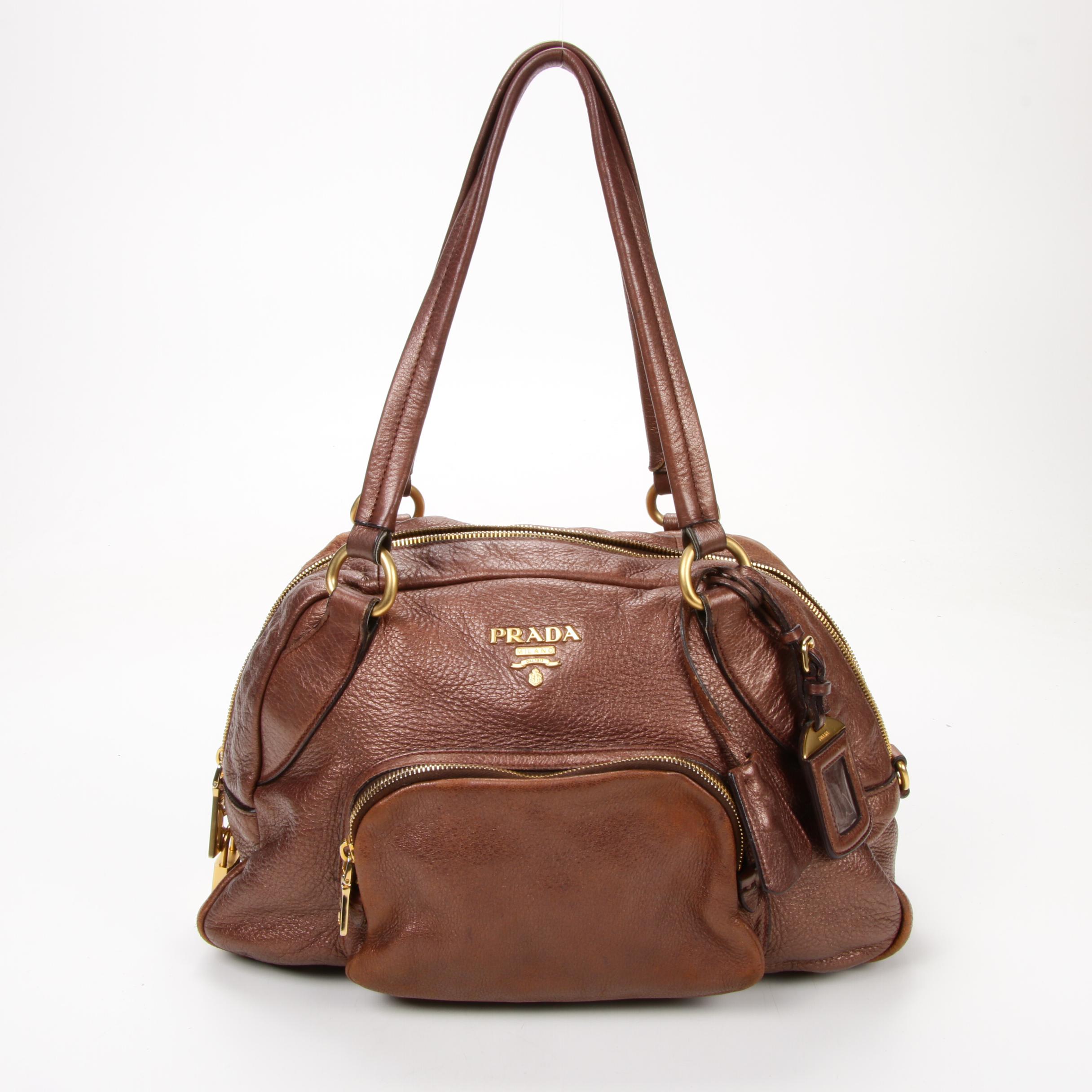 Prada Shoulder Bag in Metallic Bronze Vitello Daino Leather