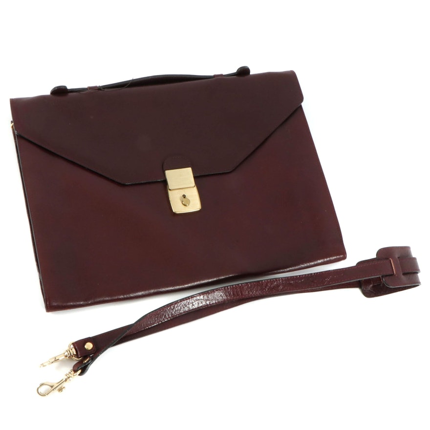 Mahogany Brown Grained Leather Briefcase with Detachable Shoulder Strap