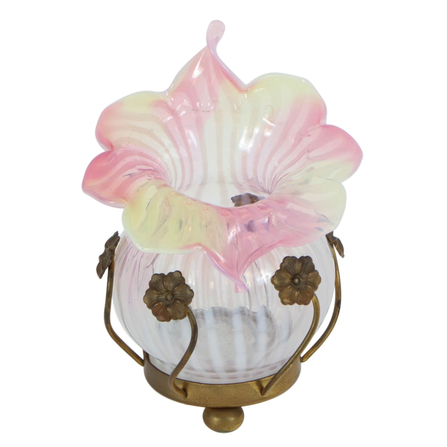 Victorian Opaline Glass Jack-In-The-Pulpit Vase on Brass Stand
