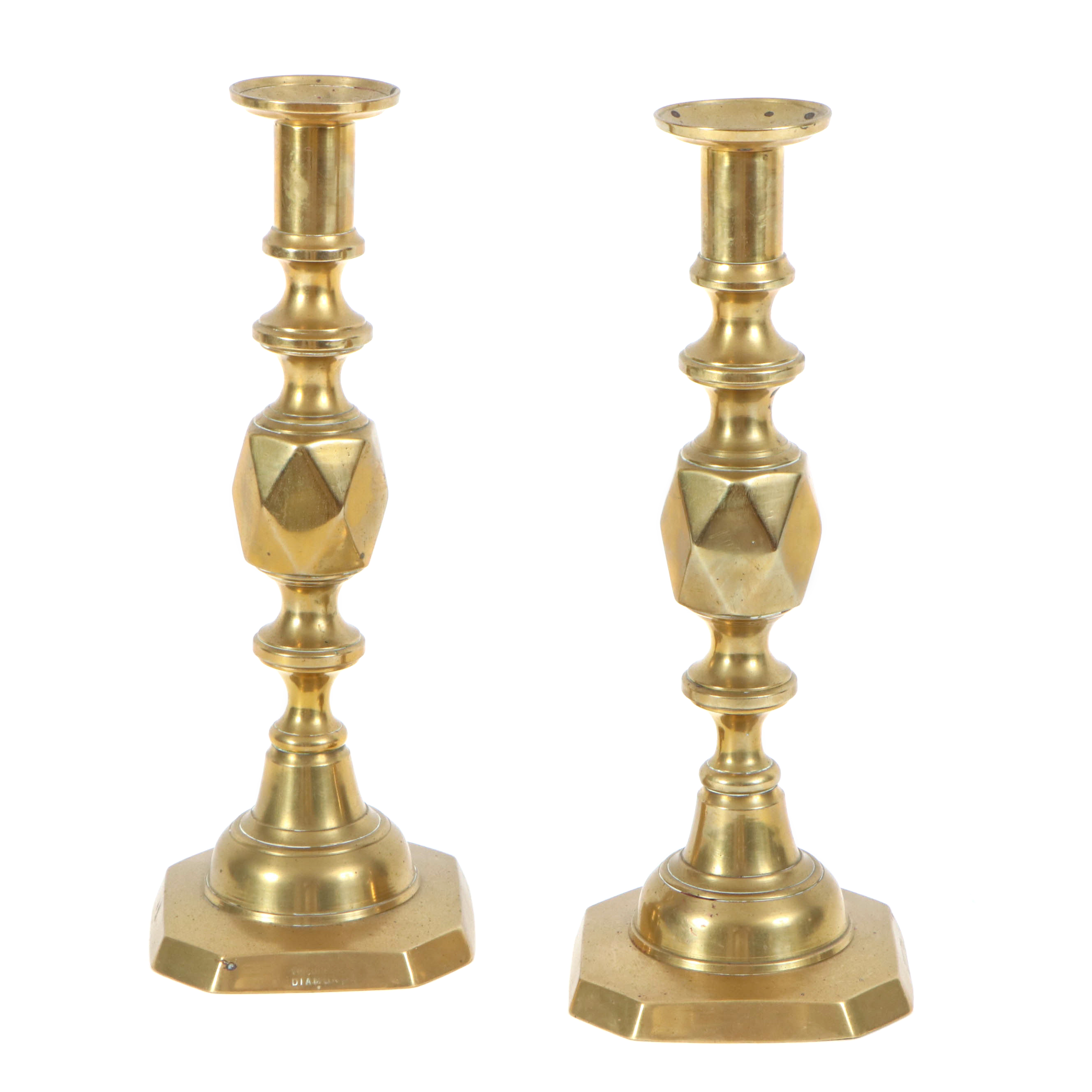 English Victorian "Queen of Diamonds" Brass Ejector Candlesticks, Late 19th c.