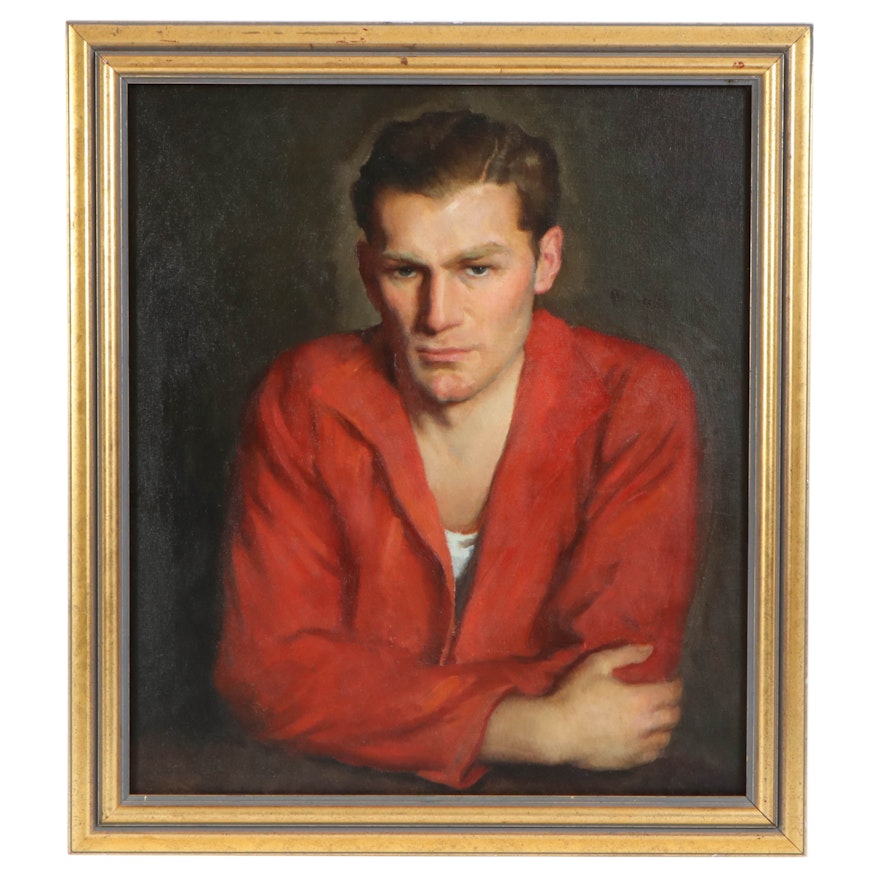 Richard B. Coe Oil Portrait of Man in Red Jacket