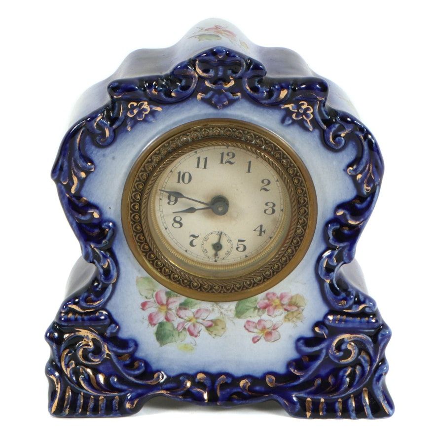 Gilbert "Fern" Blue Porcelain Mantel Clock, Vintage