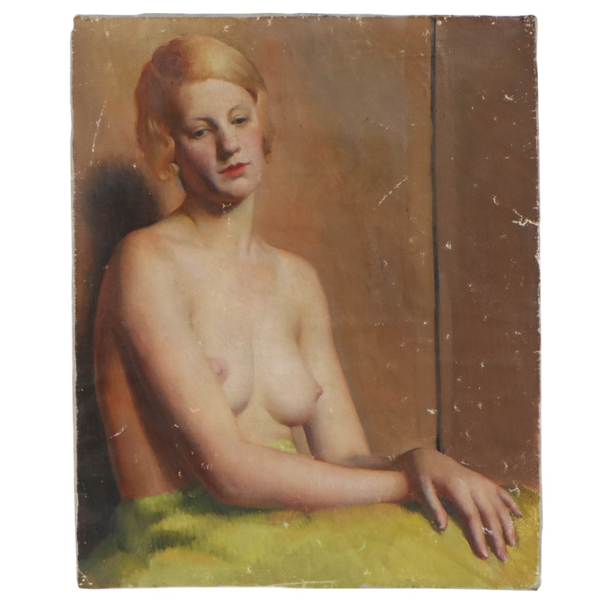 Richard B. Coe Oil Painting of Seated Female Nude, Mid-20th Century