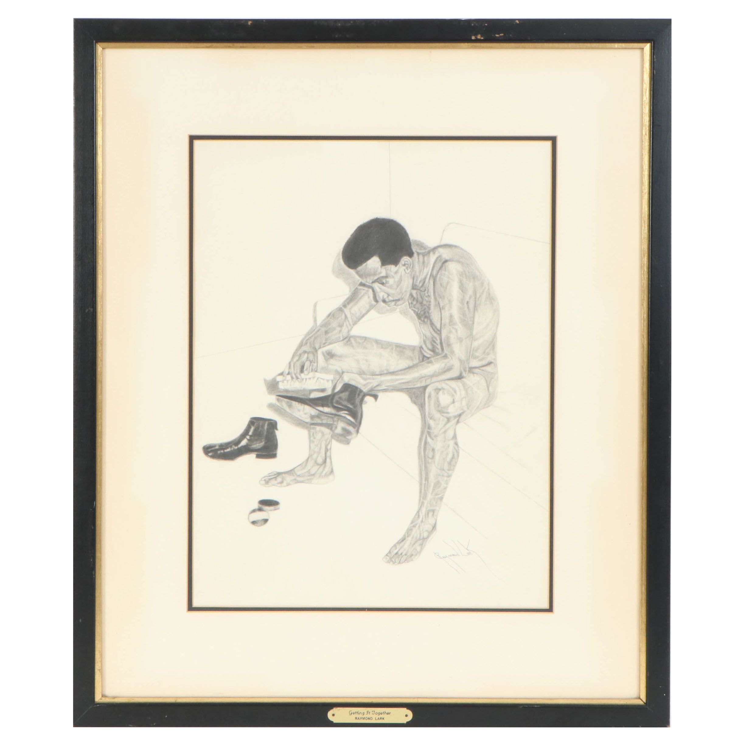 Raymond Lark Graphite Drawing "Getting It Together", Late 20th Century