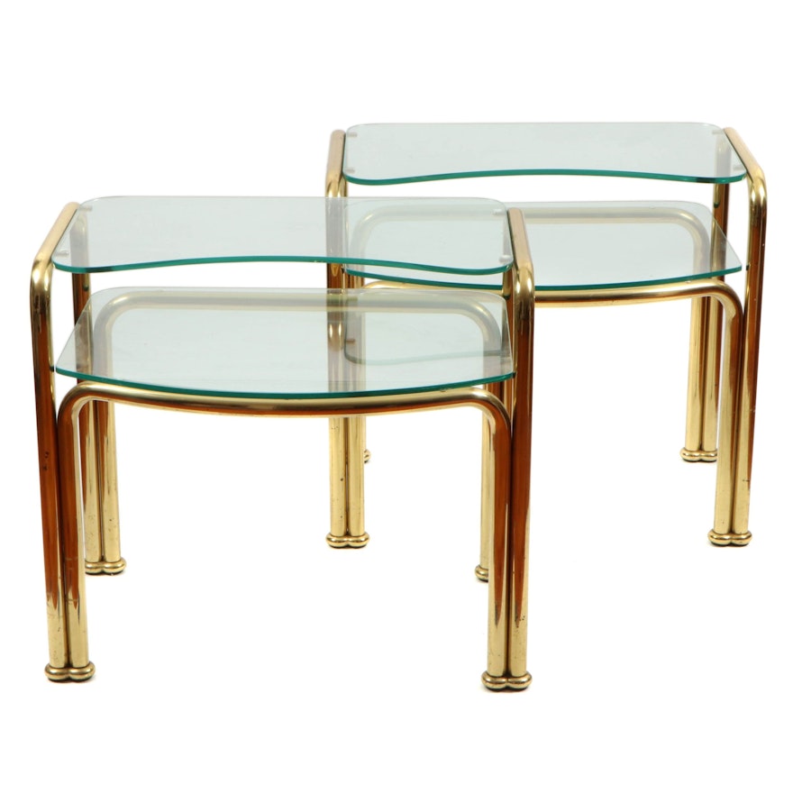 Pair of Brass and Glass Tiered End Tables
