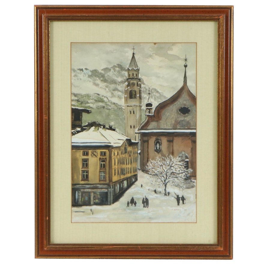 C. Hendry Winter European Landscape Watercolor Painting, 1963