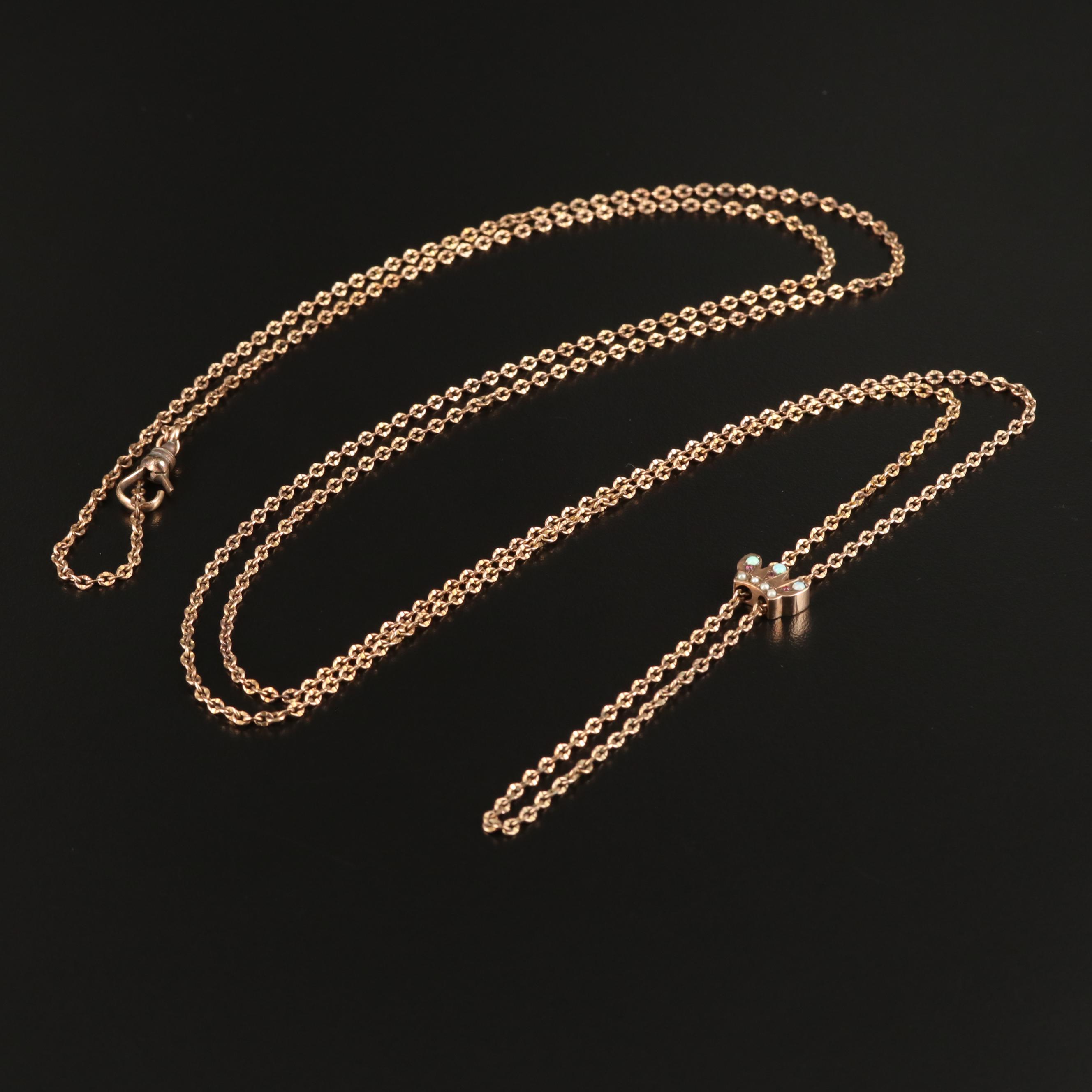 Victorian Watch Chain with Opal, Garnet and Seed Pearl Crown Slide