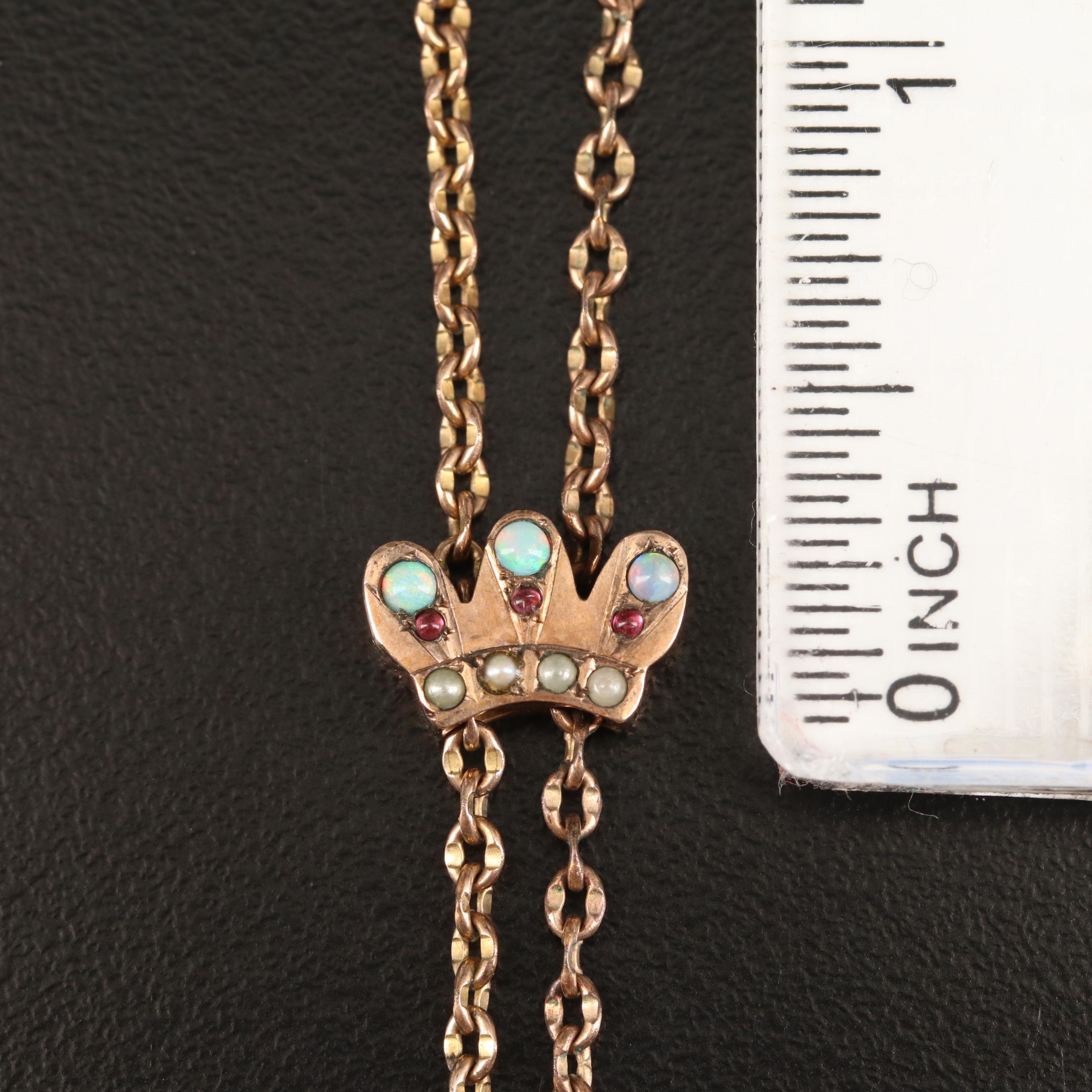 Victorian Watch Chain with Opal, Garnet and Seed Pearl Crown Slide