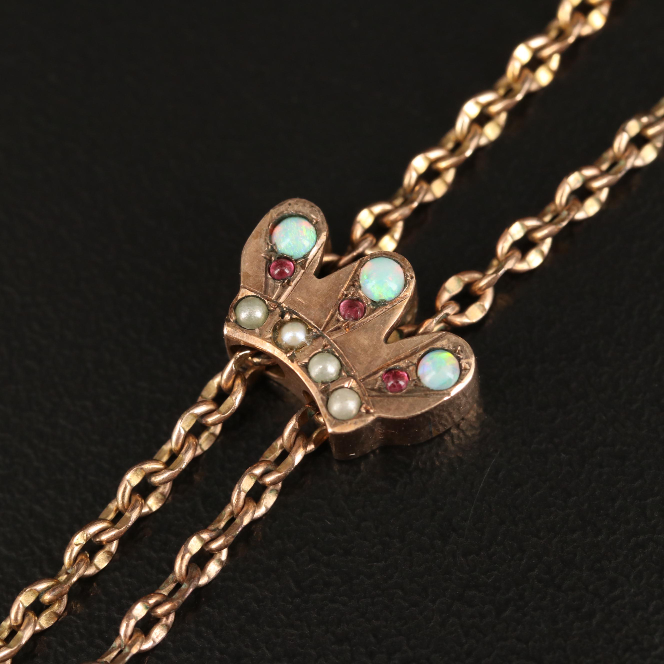 Victorian Watch Chain with Opal, Garnet and Seed Pearl Crown Slide