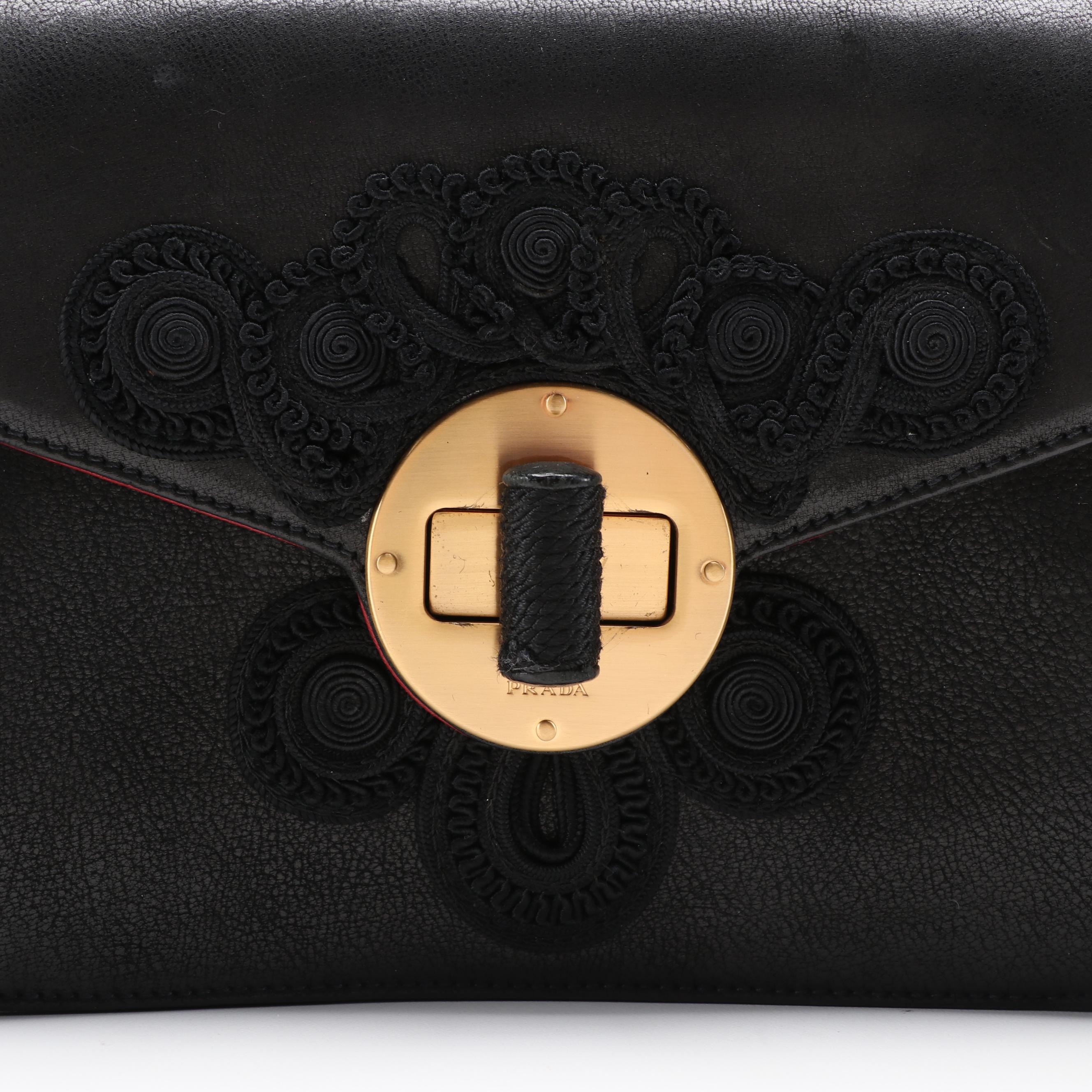 Prada Soutache Embroidered Black Leather Two-Way Clutch