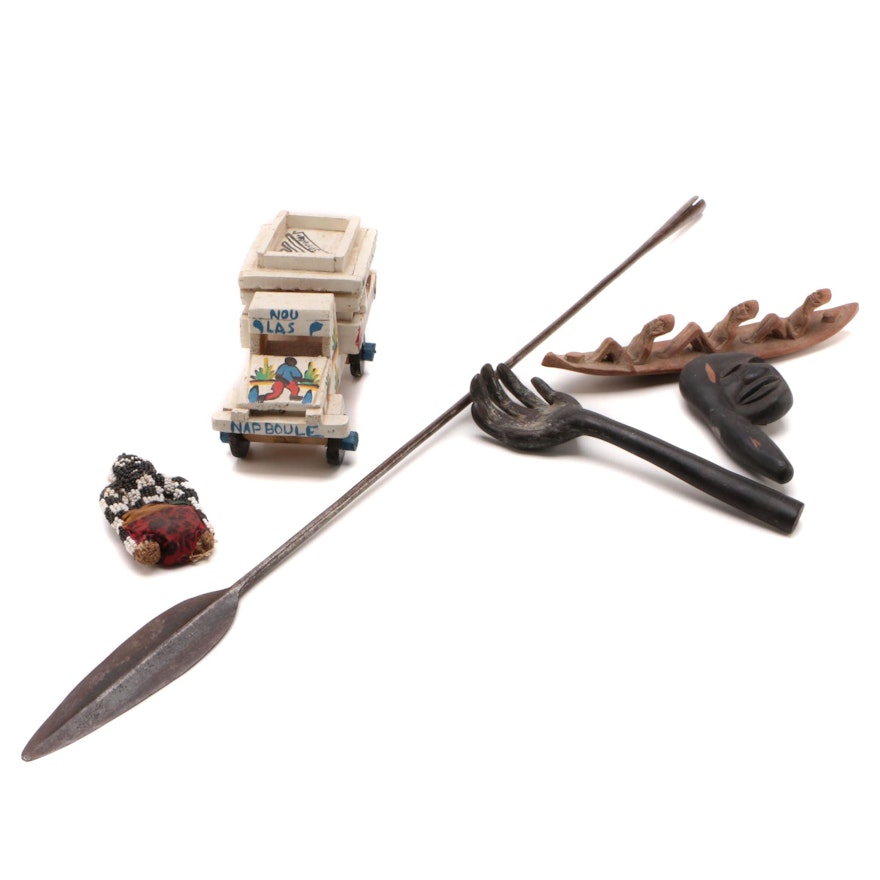 Haitian Folk Art with Wood Carvings, Metal Spear and Handmade Beaded Doll