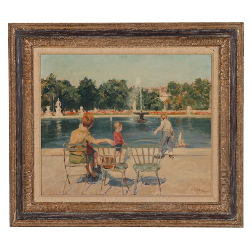 Marie Stobbe Oil Painting of a Family in Central Park, Mid to Late 20th Century