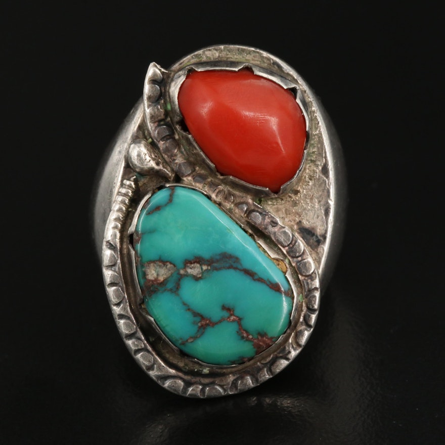 Western Sterling Freeform Coral and Turquoise Ring