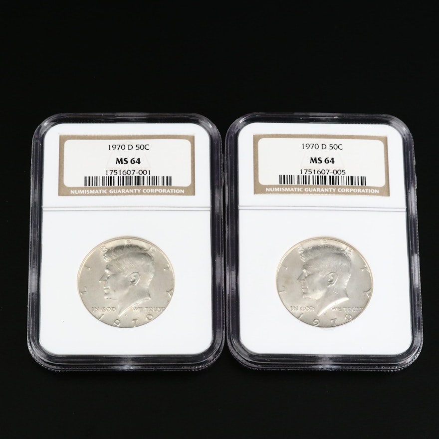 Two NGC Graded MS64 1970-D Kennedy Silver Clad Half Dollars