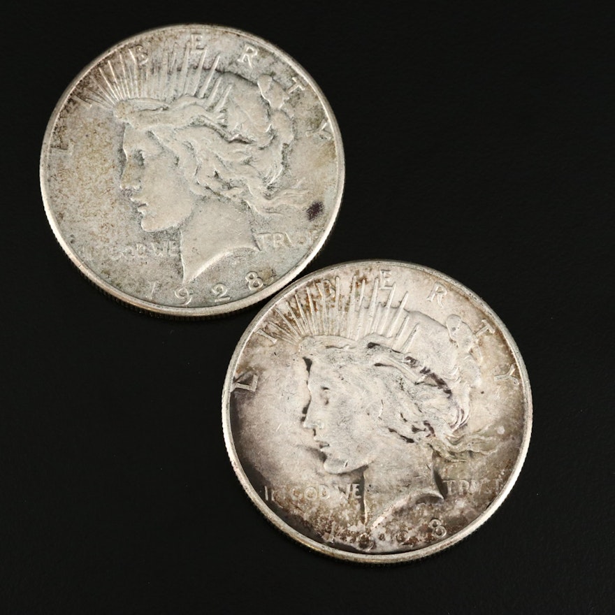 Two 1928-S Peace Silver Dollars