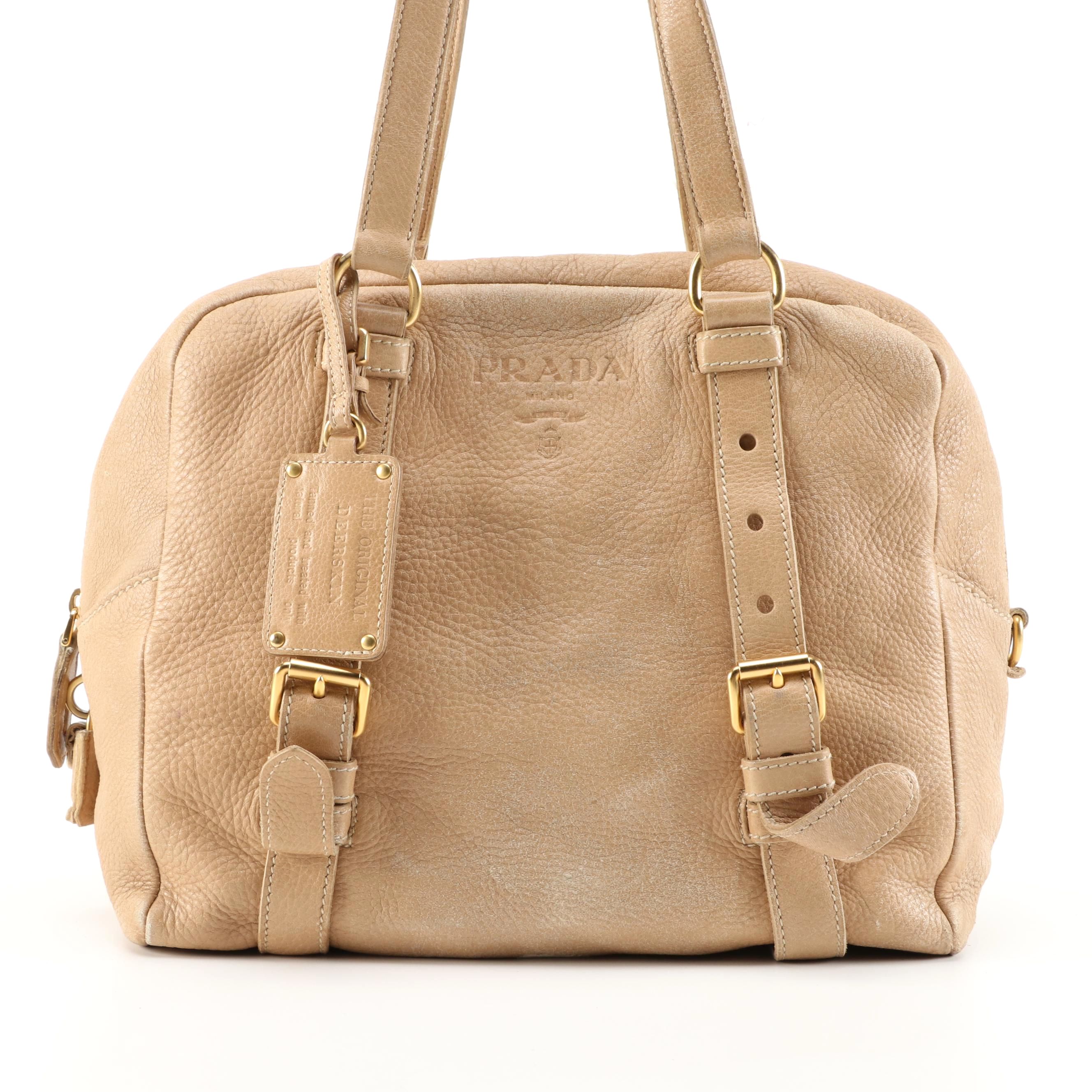 Prada Cervo Folding Deerskin Satchel in Beige