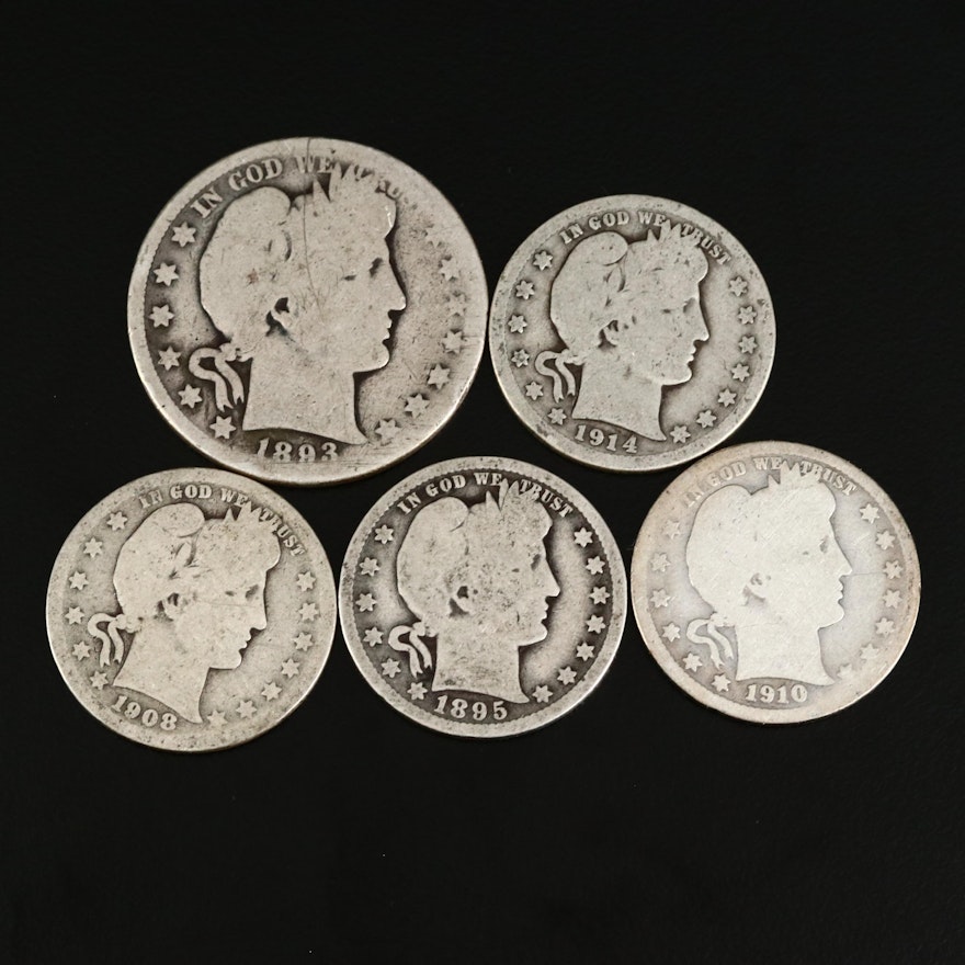 Four Barber Silver Quarters and Barber Silver Half Dollar