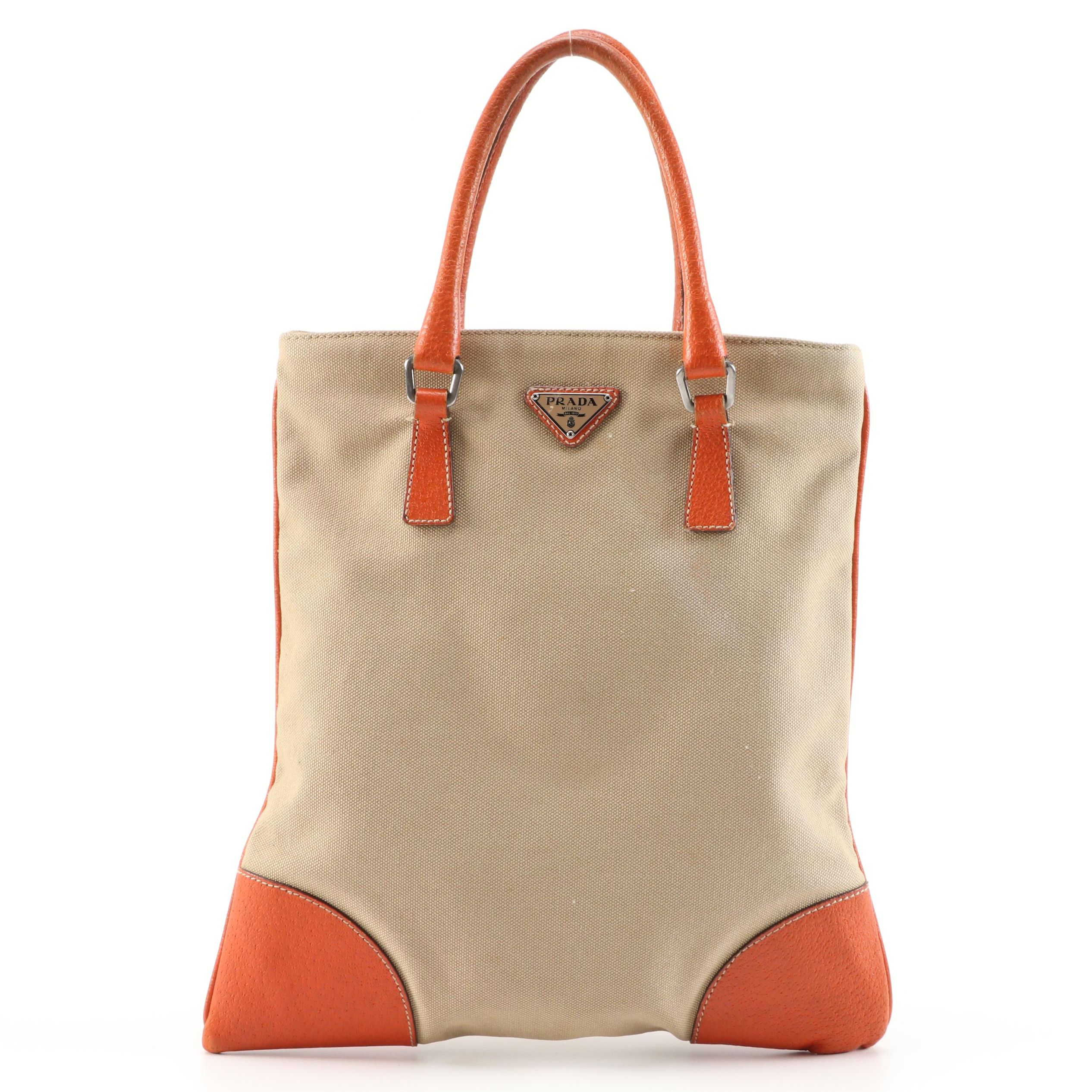 Prada Orange Leather and Beige Canvas Small Tote