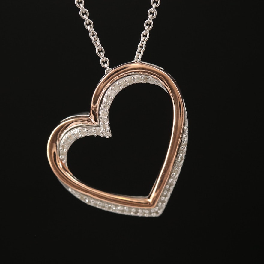 Sterling Diamond Open Heart Pendant Necklace