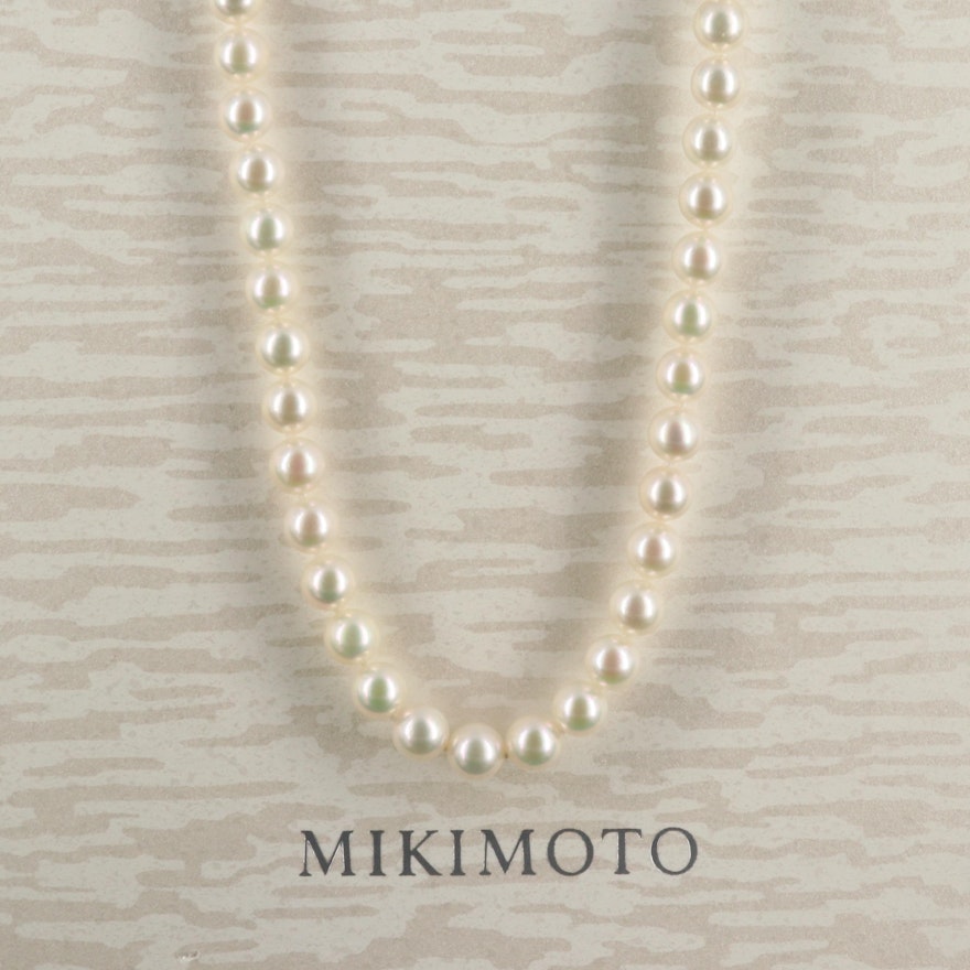 Mikimoto Pearl Necklace with 18K Pearl Clasp and Presentation Box