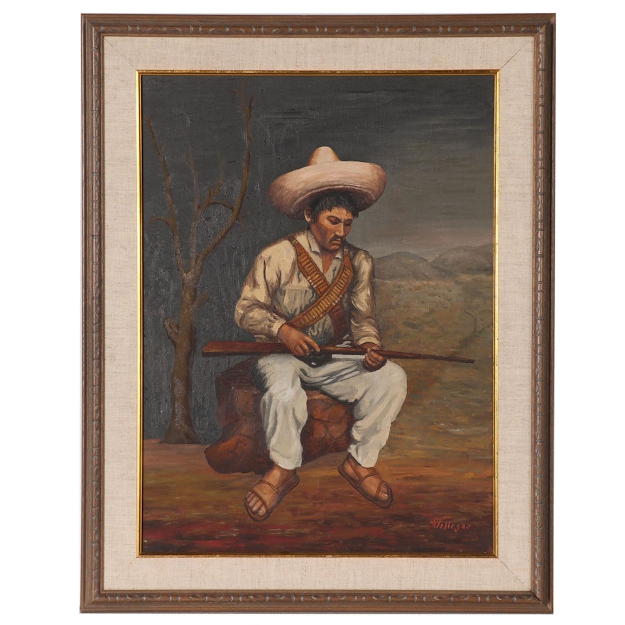 R. Villegas Oil Painting of South American Man with Gun