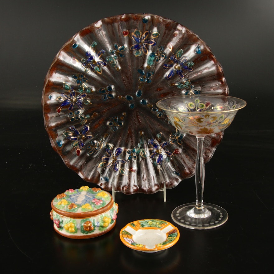 Fused Glass Decorative Platter, Hand-Painted Glass Coupe and Italian Ceramics