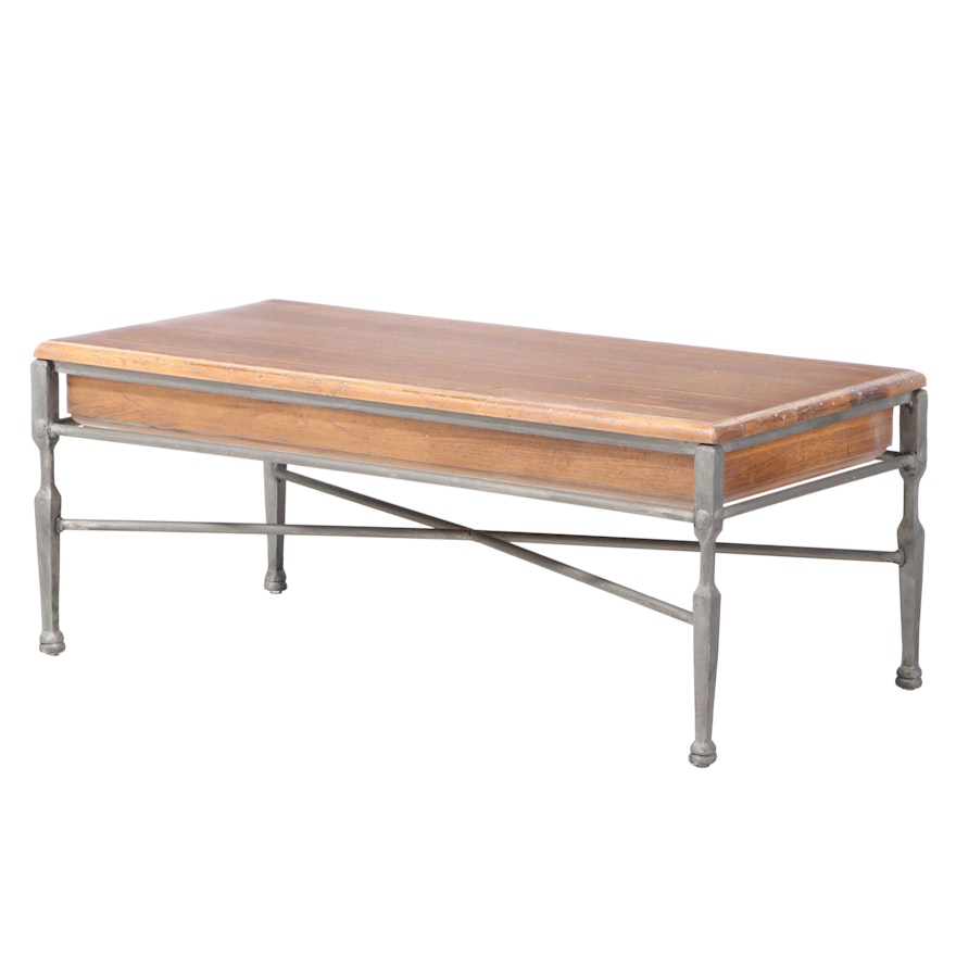 Industrial Style Patinated Metal and Wood Coffee Table