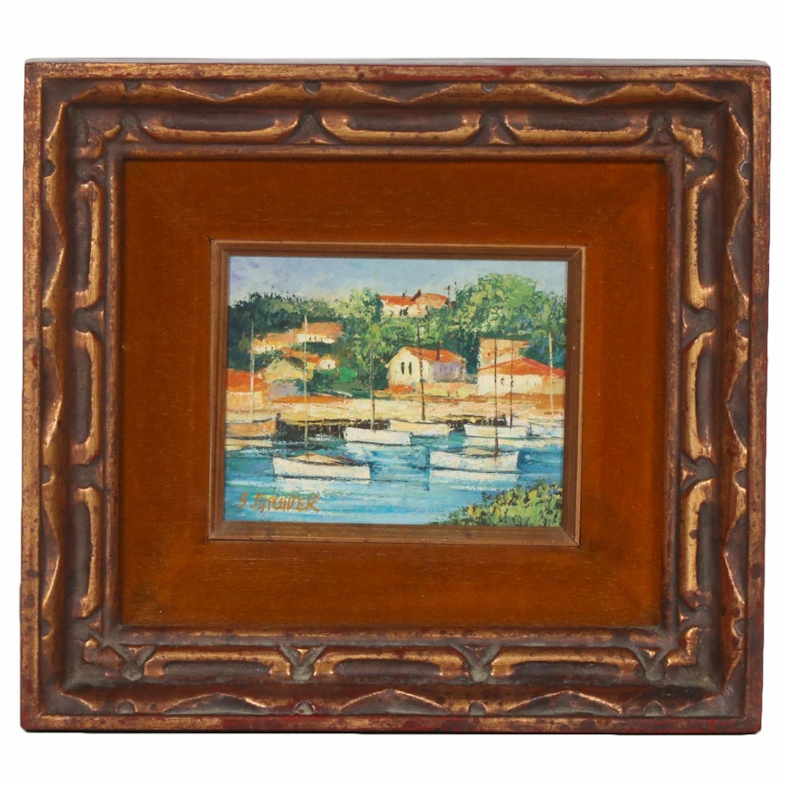 Oil Painting of Inlet Scene with Boats and Cottages