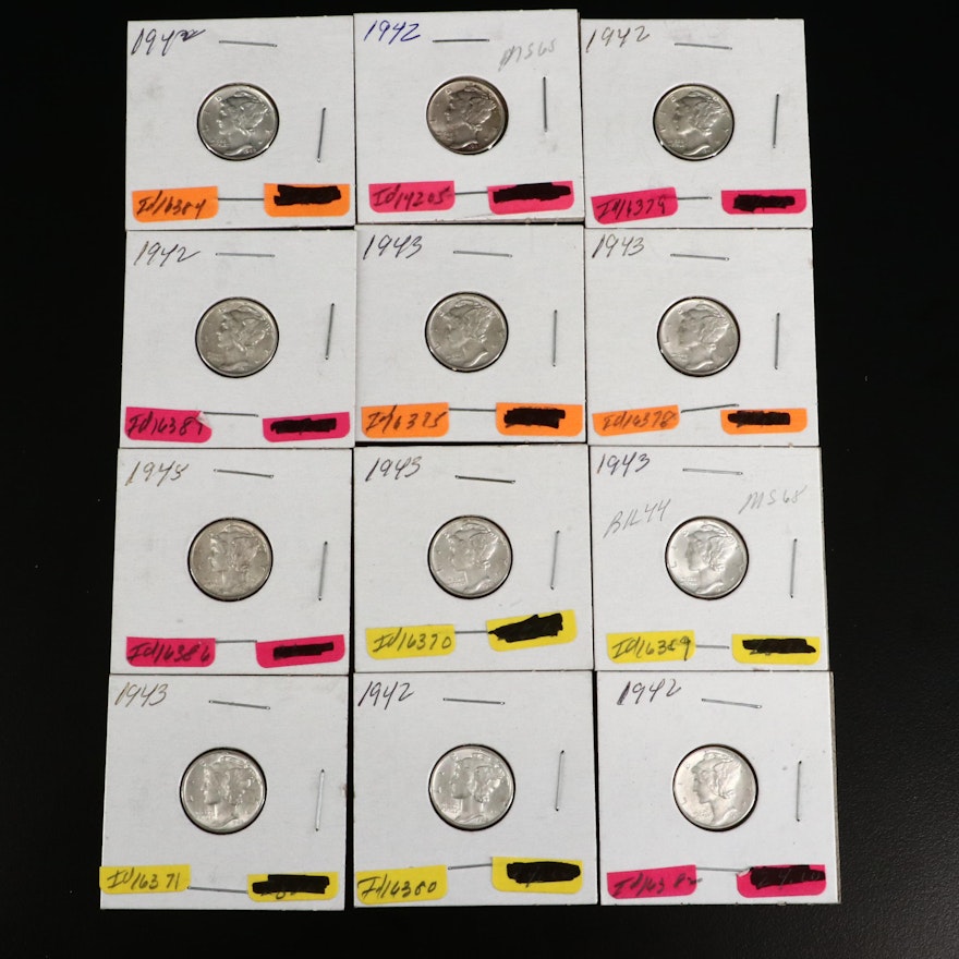 Twelve Uncirculated Mercury Silver Dimes, 1942 and 1943