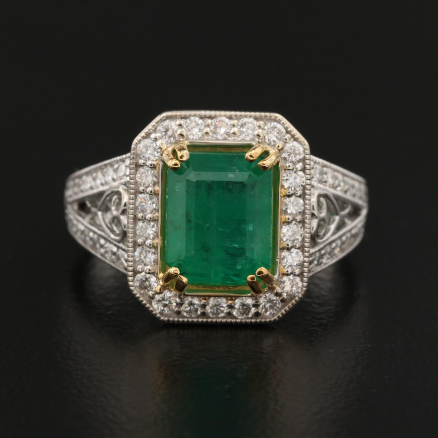 14K 2.54 CT Two-Tone Emerald and Diamond Halo Ring