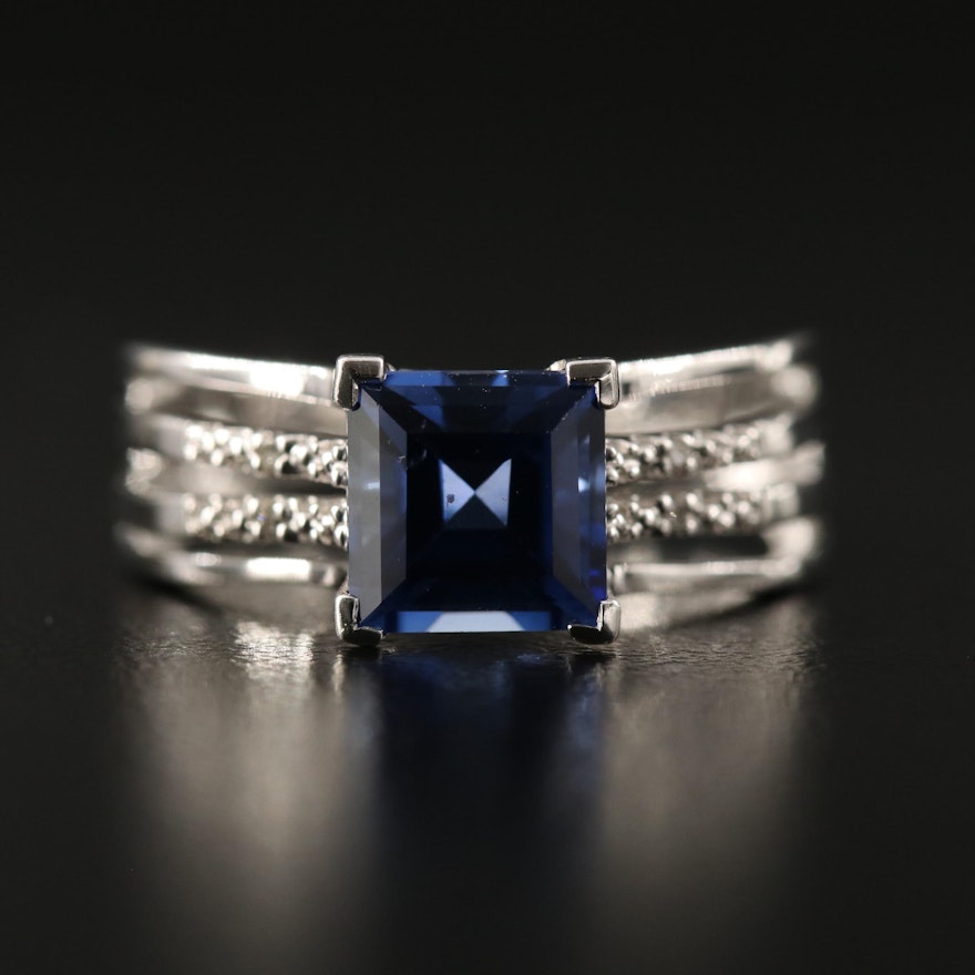 Sterling Silver Sapphire and Diamond Ring with Open Shank