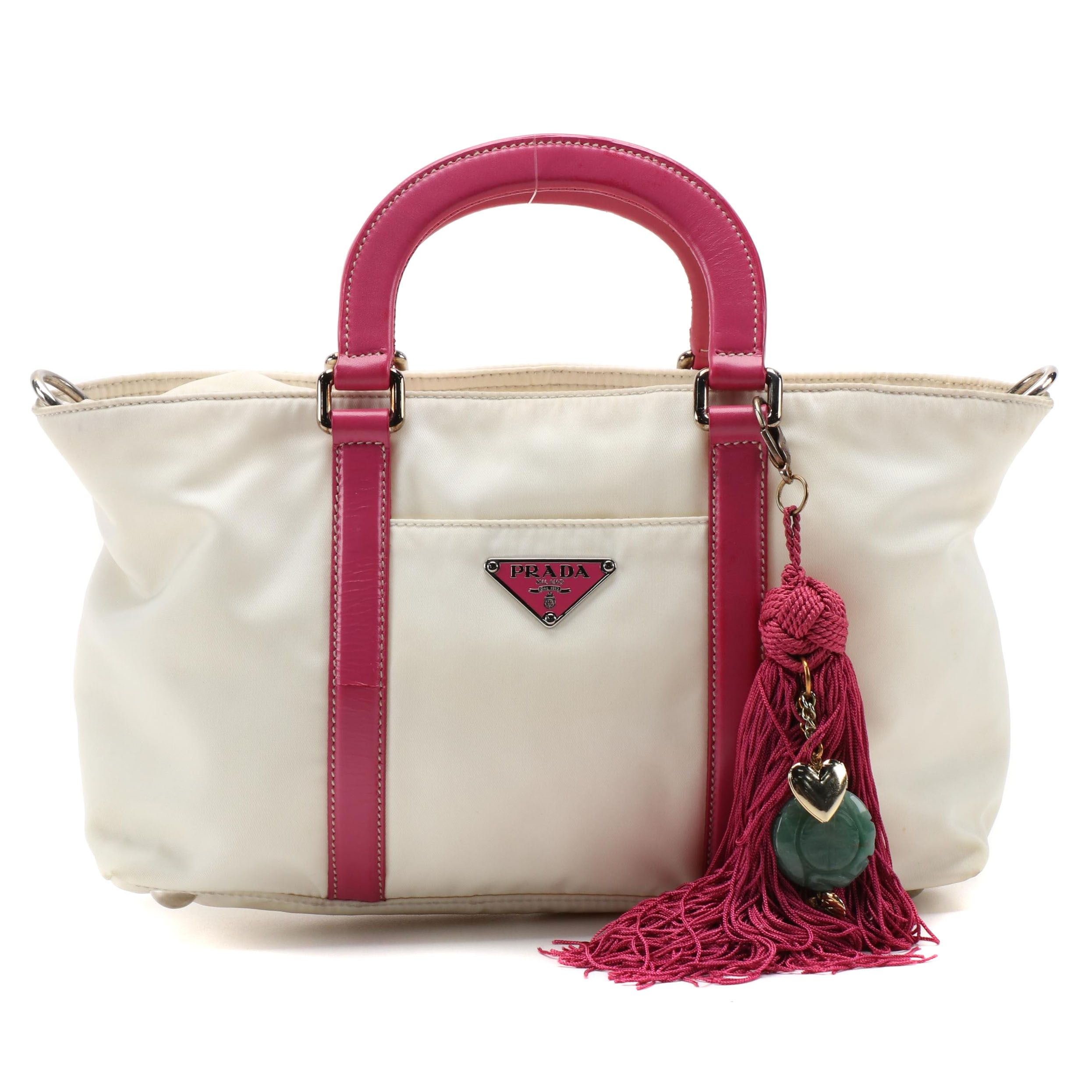 Prada Two-Way Handbag in White Nylon with Dark Pink Leather Trim and Tassel