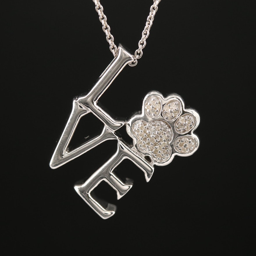 Sterling Silver Diamond "Love" and Paw Print Pendant Necklace